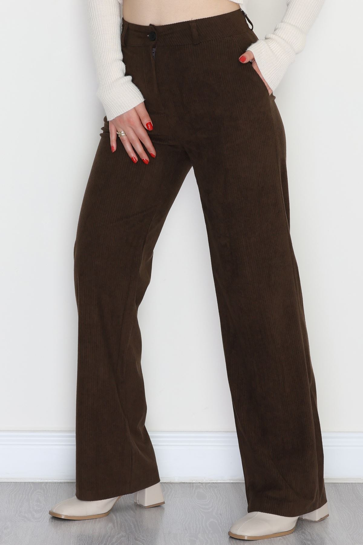 Fitilli Likralı Kadife Pantolon Kahve - 51027.1920.
