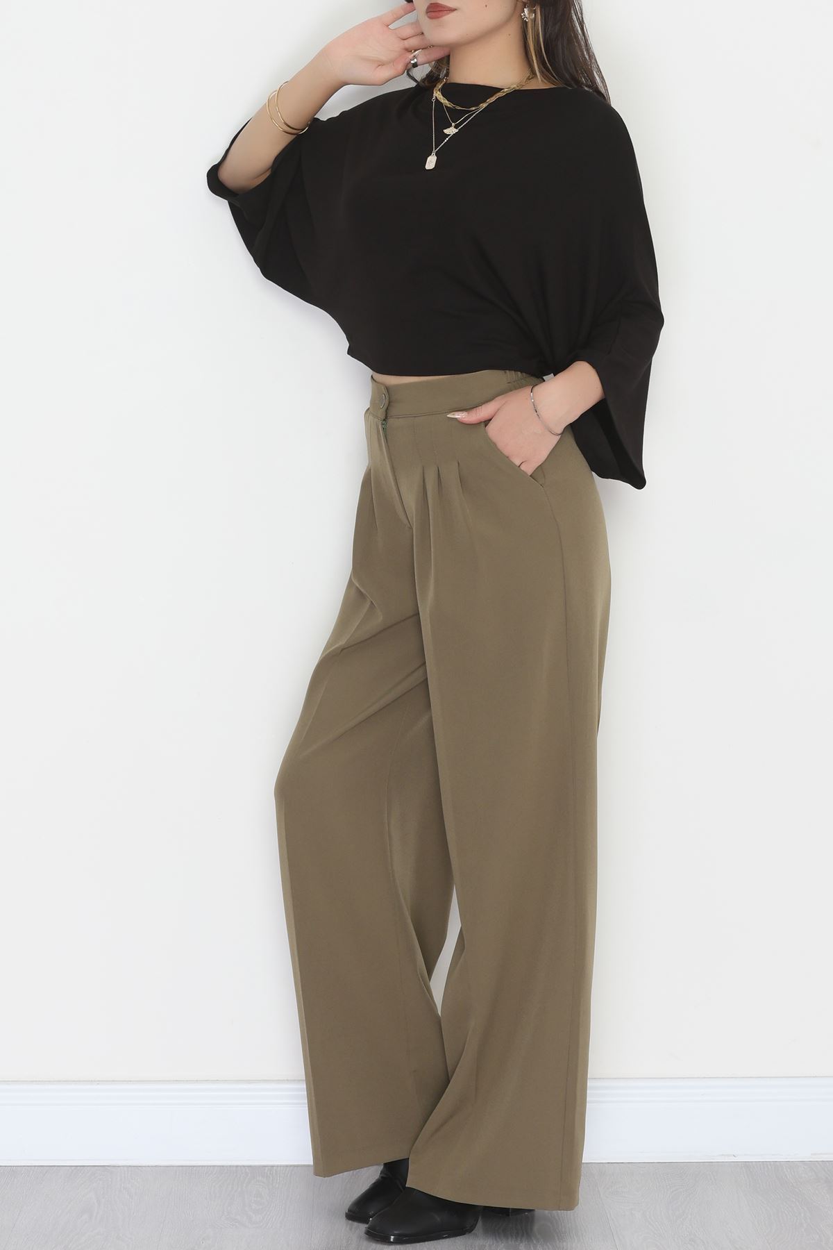 Dabıl Kumaş Beli Lastikli Palazzo Pantolon Haki - 51063.1991.