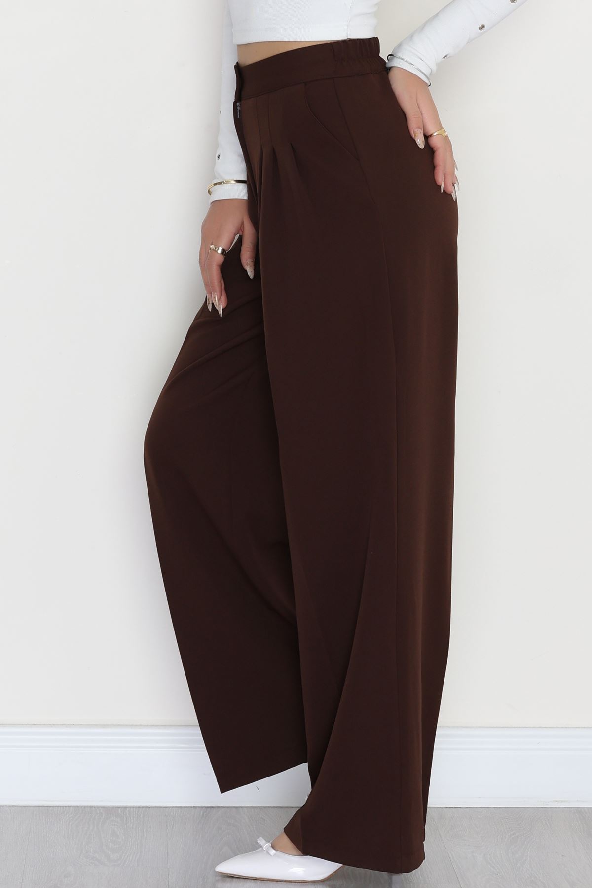 Dabıl Kumaş Beli Lastikli Palazzo Pantolon Kahve - 51063.1991.
