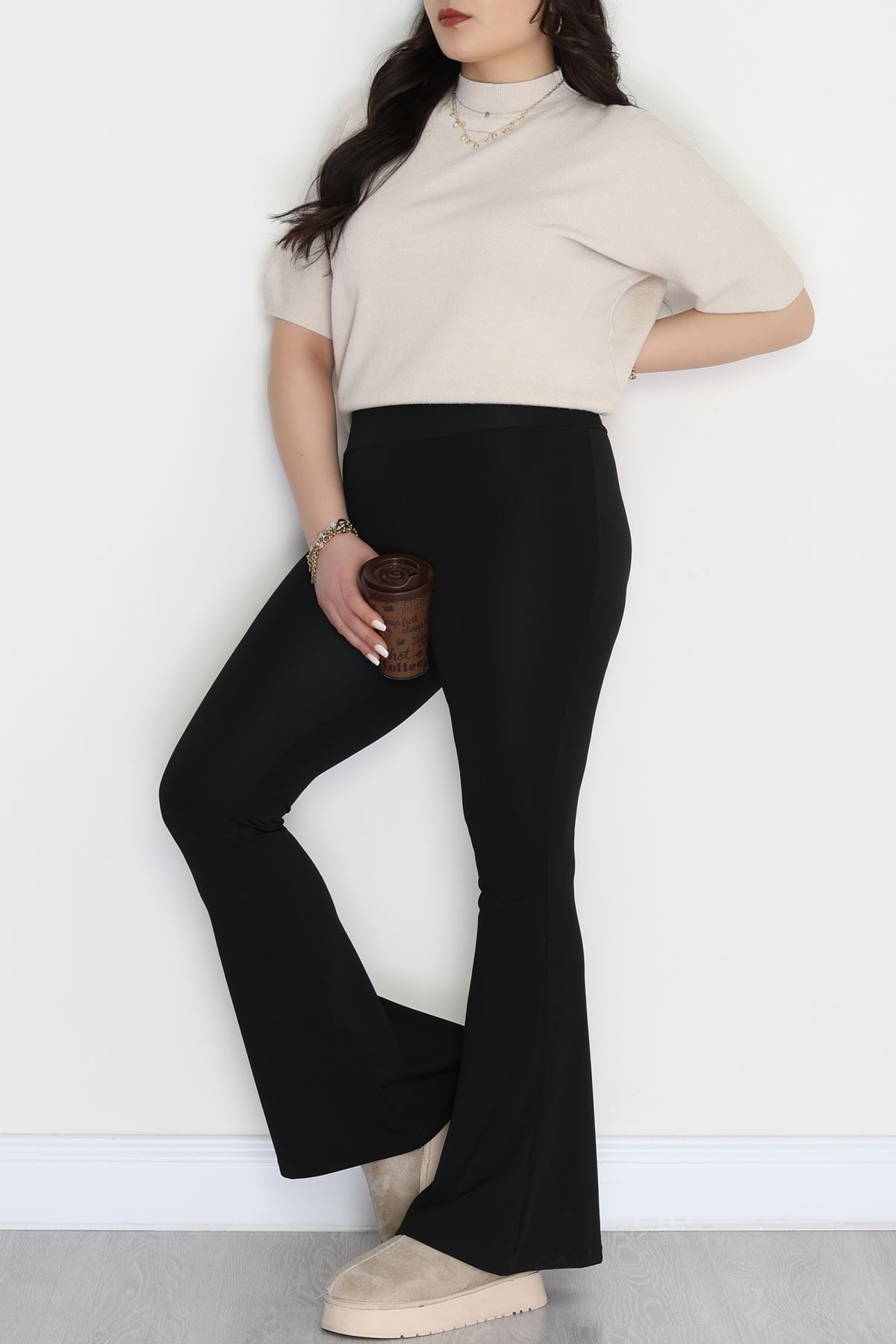 Büyük Beden İspanyol Paça Şardonlu Dalgıç Tayt Siyah - 50998.1098.