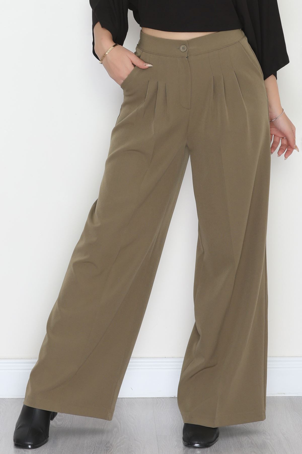 Dabıl Kumaş Beli Lastikli Palazzo Pantolon Haki - 51063.1991.
