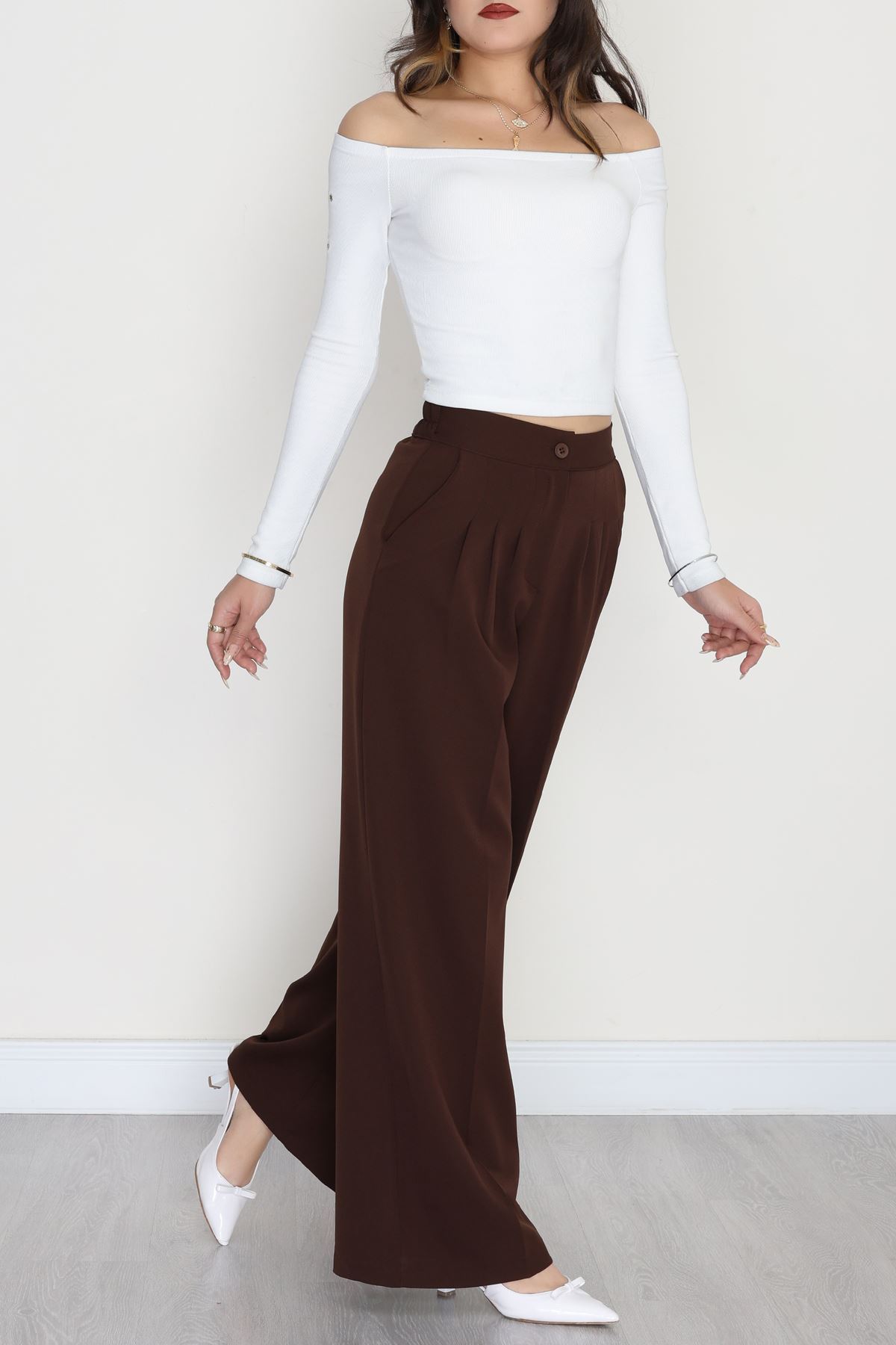 Dabıl Kumaş Beli Lastikli Palazzo Pantolon Kahve - 51063.1991.