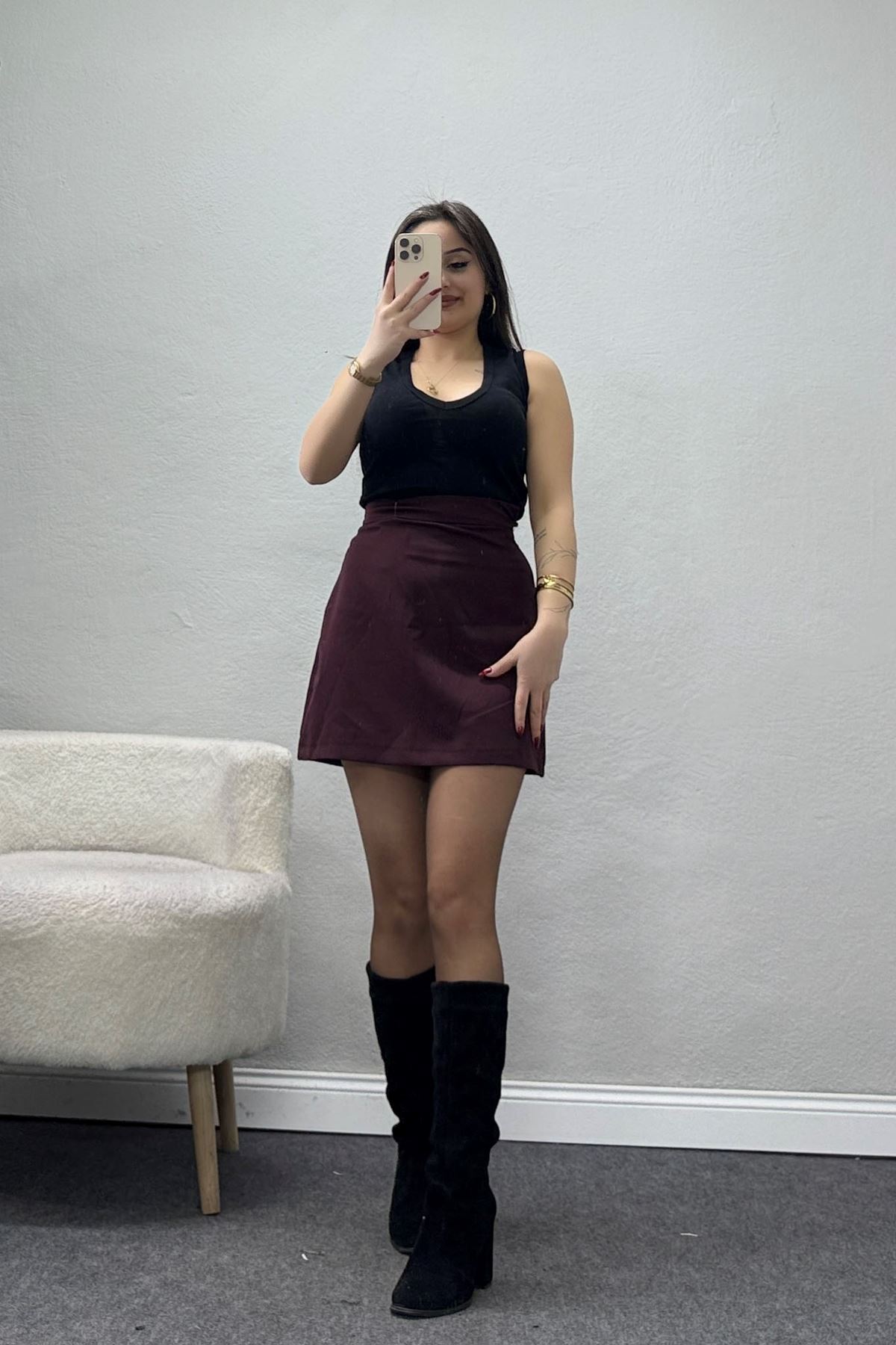 Dabıl Kumaş Mini Etek Mürdüm - 51259.1991.