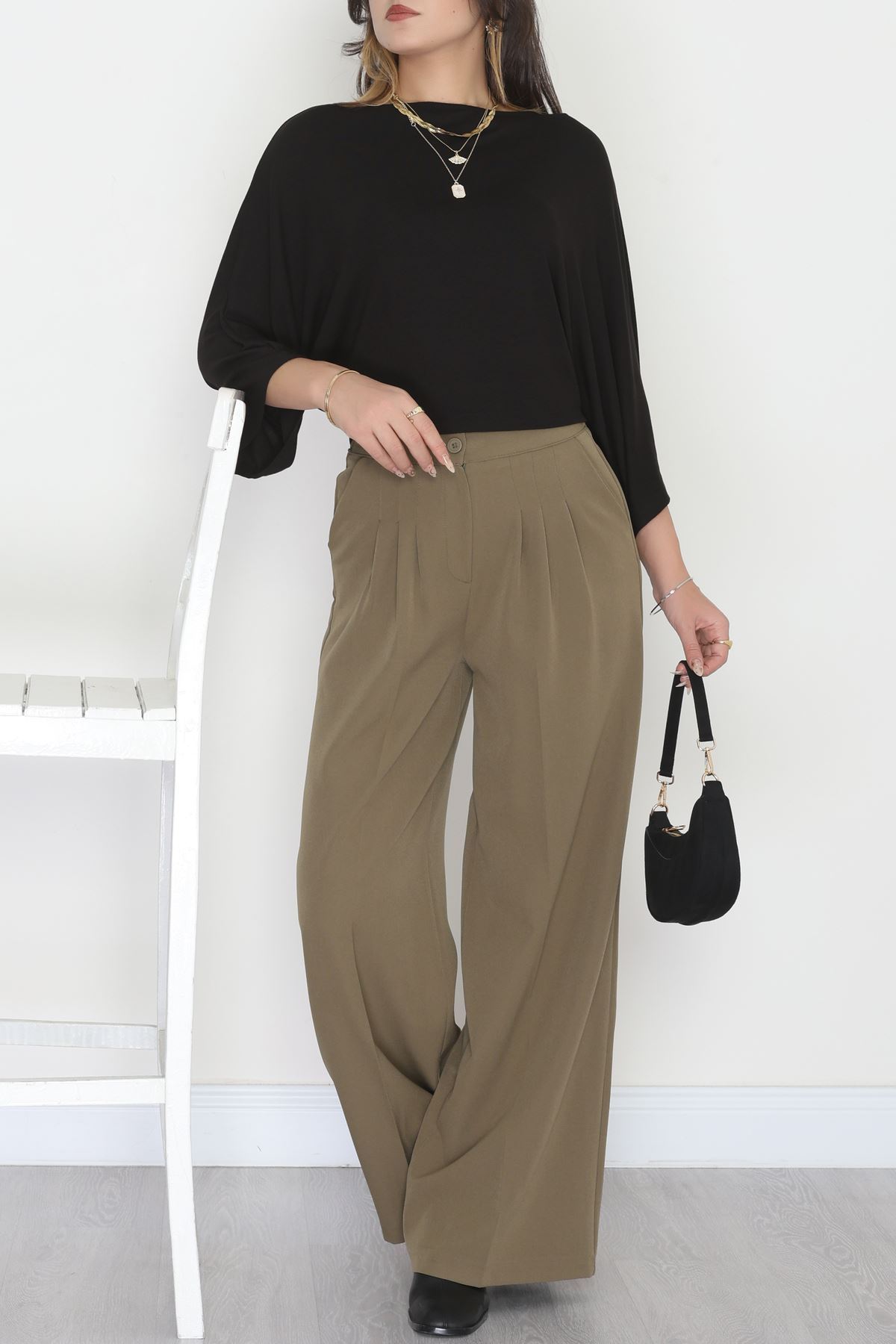 Dabıl Kumaş Beli Lastikli Palazzo Pantolon Haki - 51063.1991.