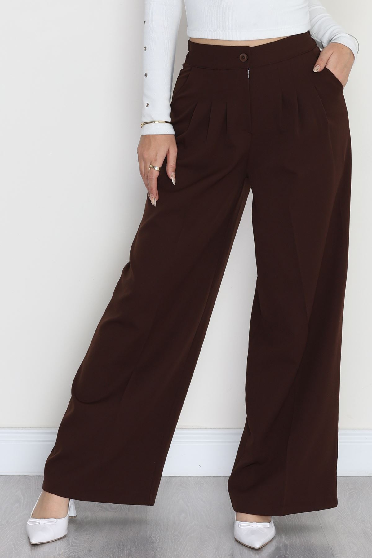 Dabıl Kumaş Beli Lastikli Palazzo Pantolon Kahve - 51063.1991.