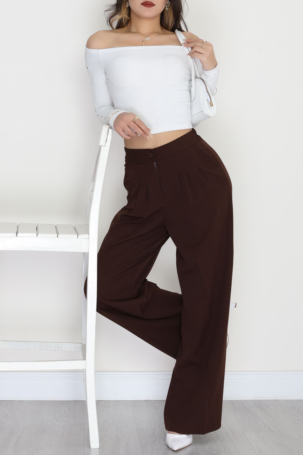 Dabıl Kumaş Beli Lastikli Palazzo Pantolon Kahve - 51063.1991.