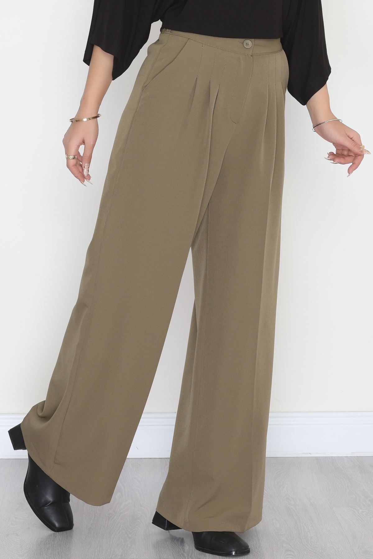 Dabıl Kumaş Beli Lastikli Palazzo Pantolon Haki - 51063.1991.