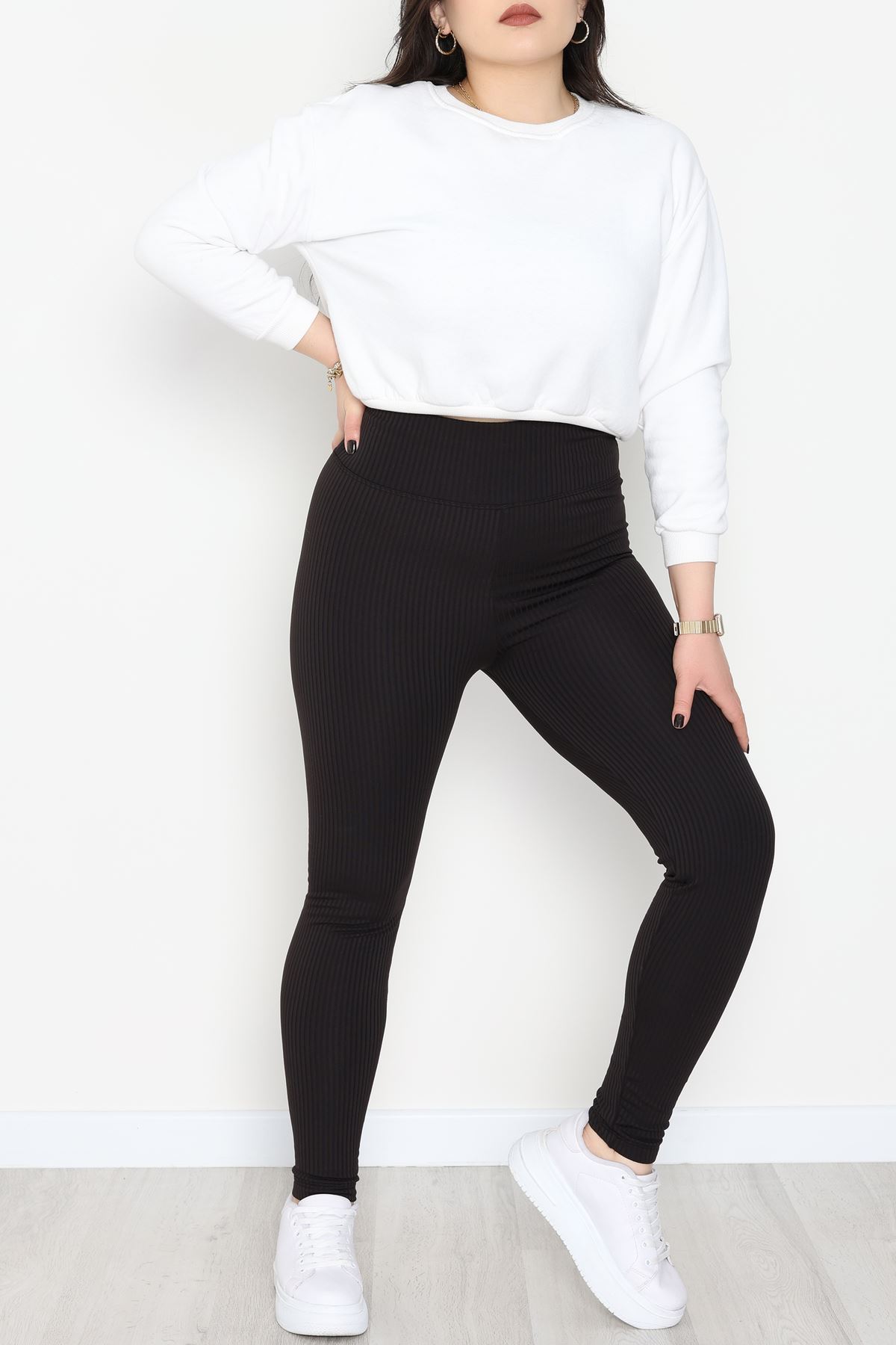 Şardonlu Yumuşak Dokulu Büyük Beden Fitilli Tayt Siyah - 52086.1098.