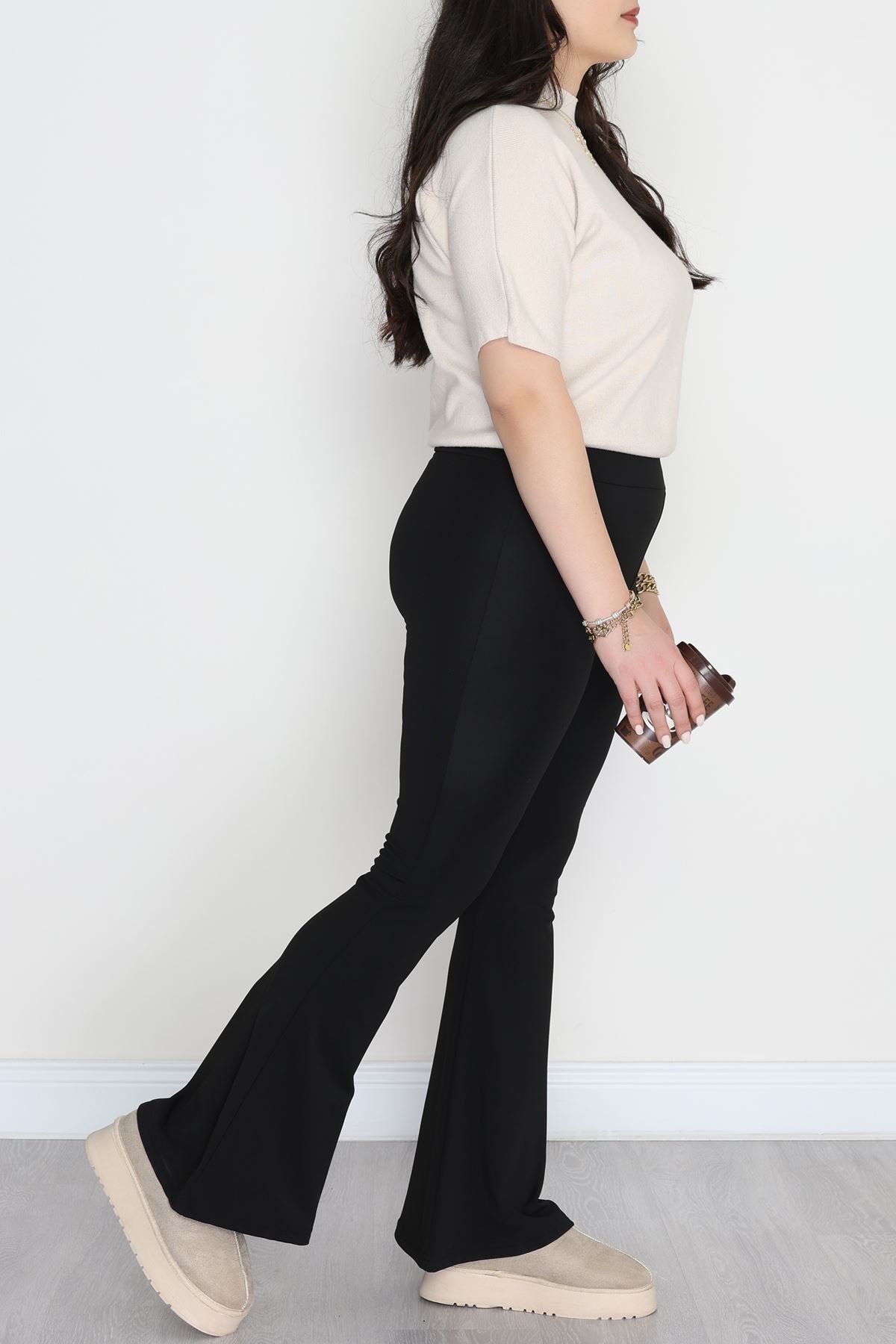 Büyük Beden İspanyol Paça Şardonlu Dalgıç Tayt Siyah - 50998.1098.