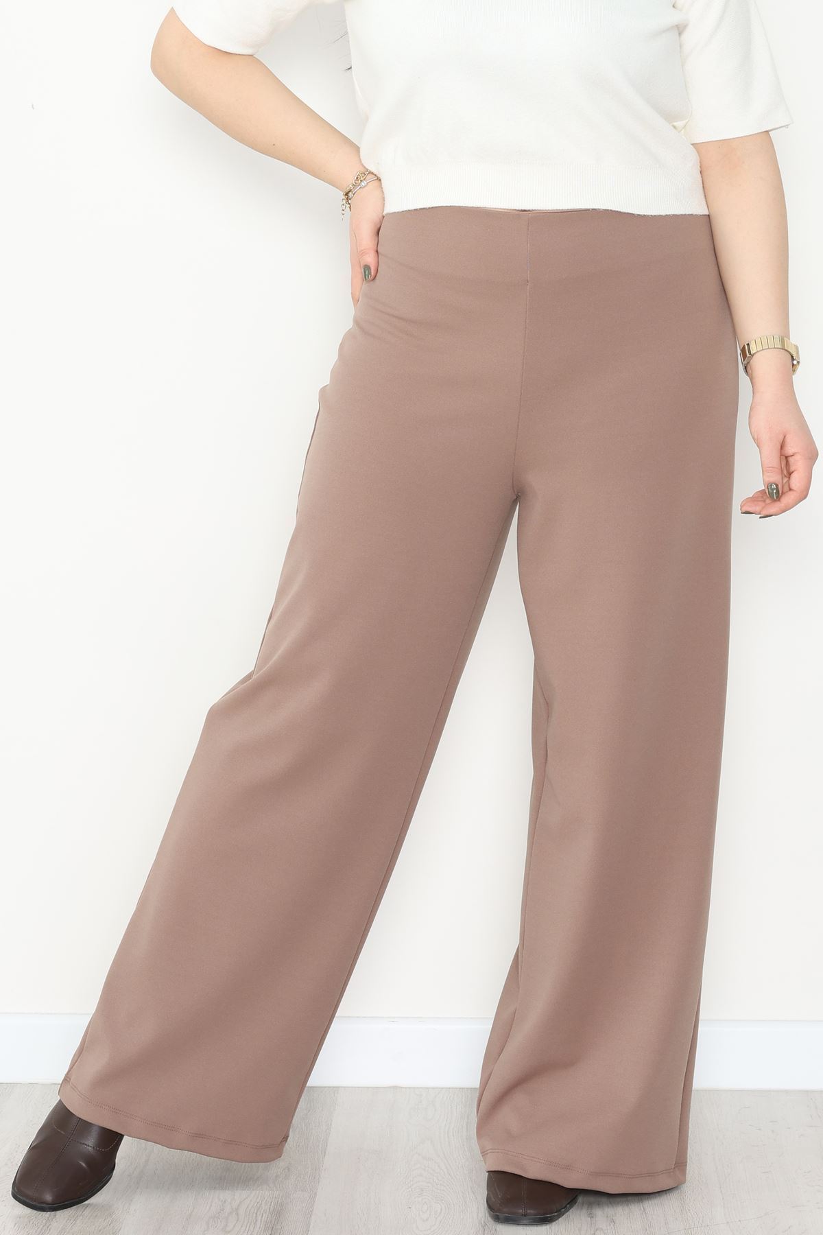 Full Likra İthal Krep Yandan Fermuarlı Büyük Beden Pantolon Vizon - 90162.1837.