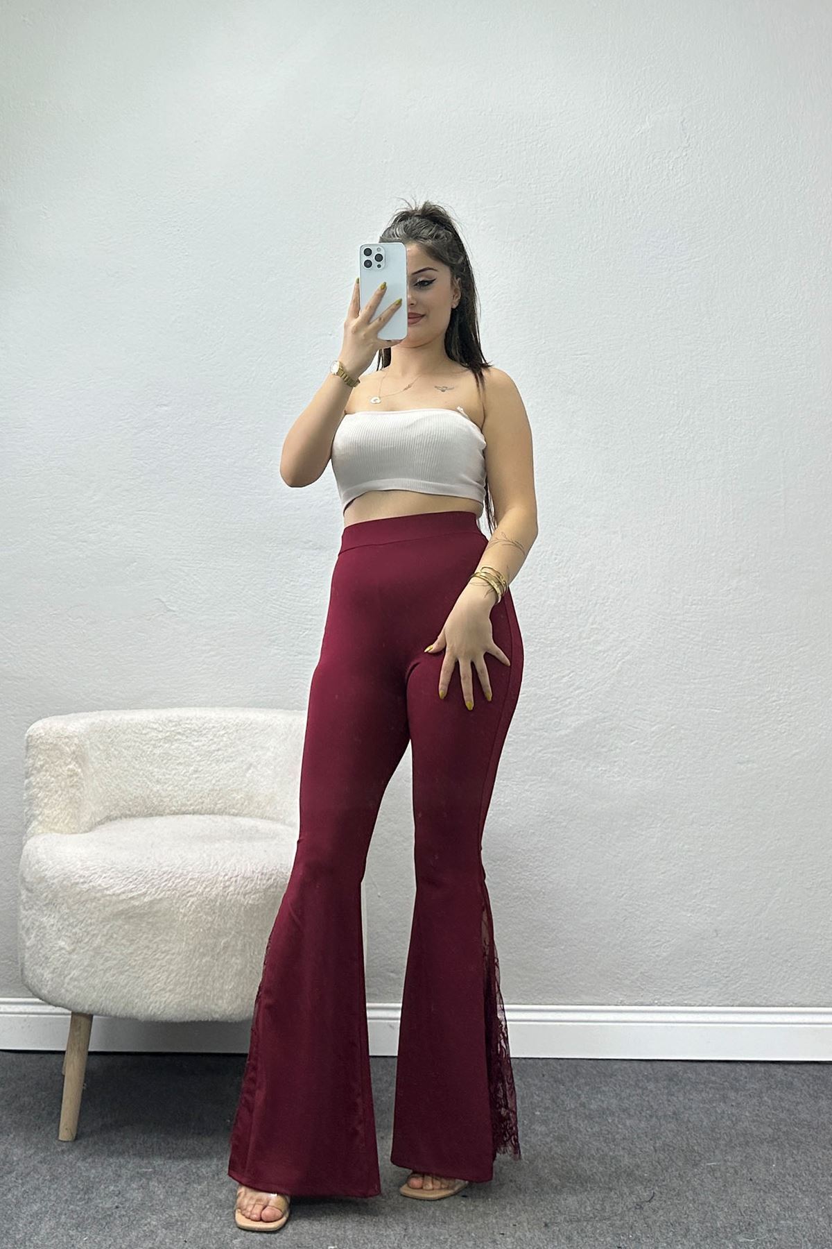 Tüllü İspanyol Paça Tayt Bordo - 50886.1905.