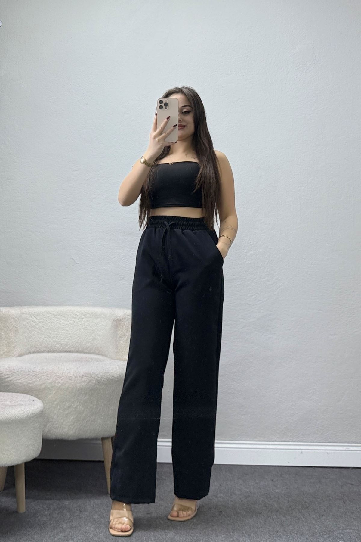 Beli Lastikli Dabıl Palazzo Pantolon Siyah - 90714.1837.