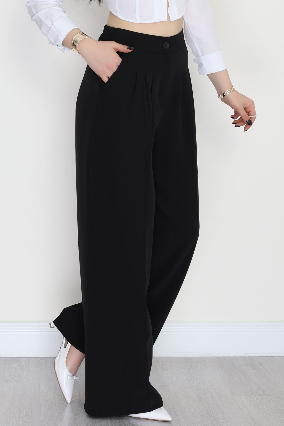 Dabıl Kumaş Beli Lastikli Palazzo Pantolon Siyah - 51063.1991.