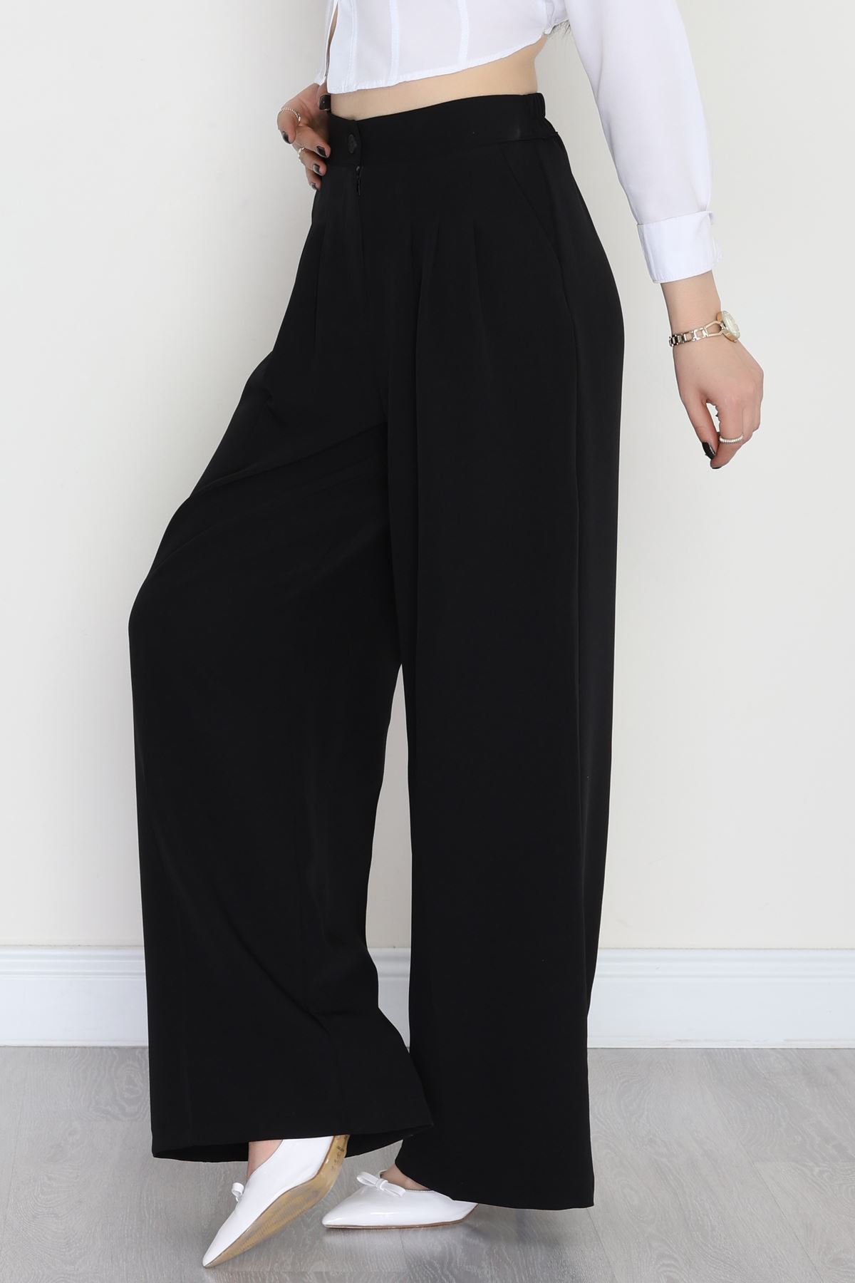 Dabıl Kumaş Beli Lastikli Palazzo Pantolon Siyah - 51063.1991.