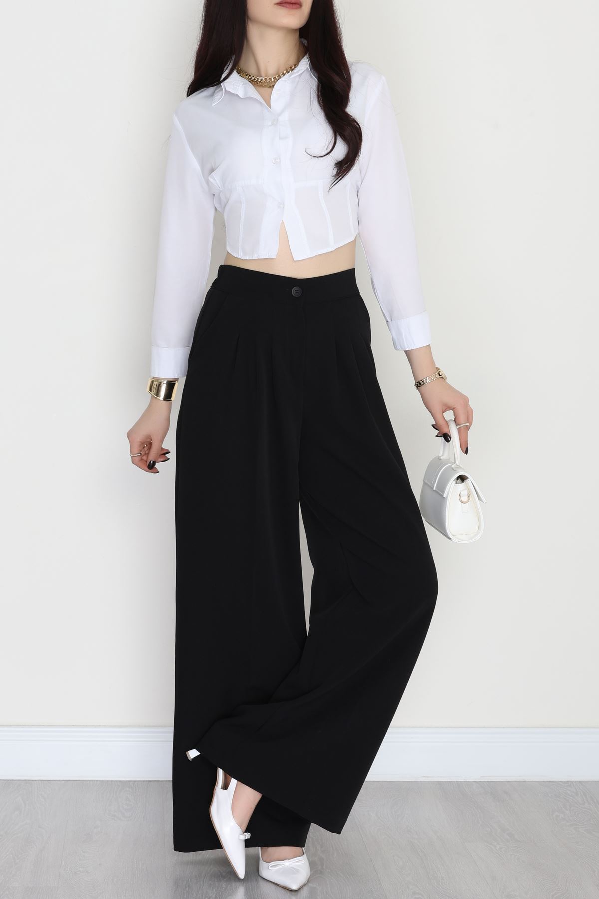 Dabıl Kumaş Beli Lastikli Palazzo Pantolon Siyah - 51063.1991.