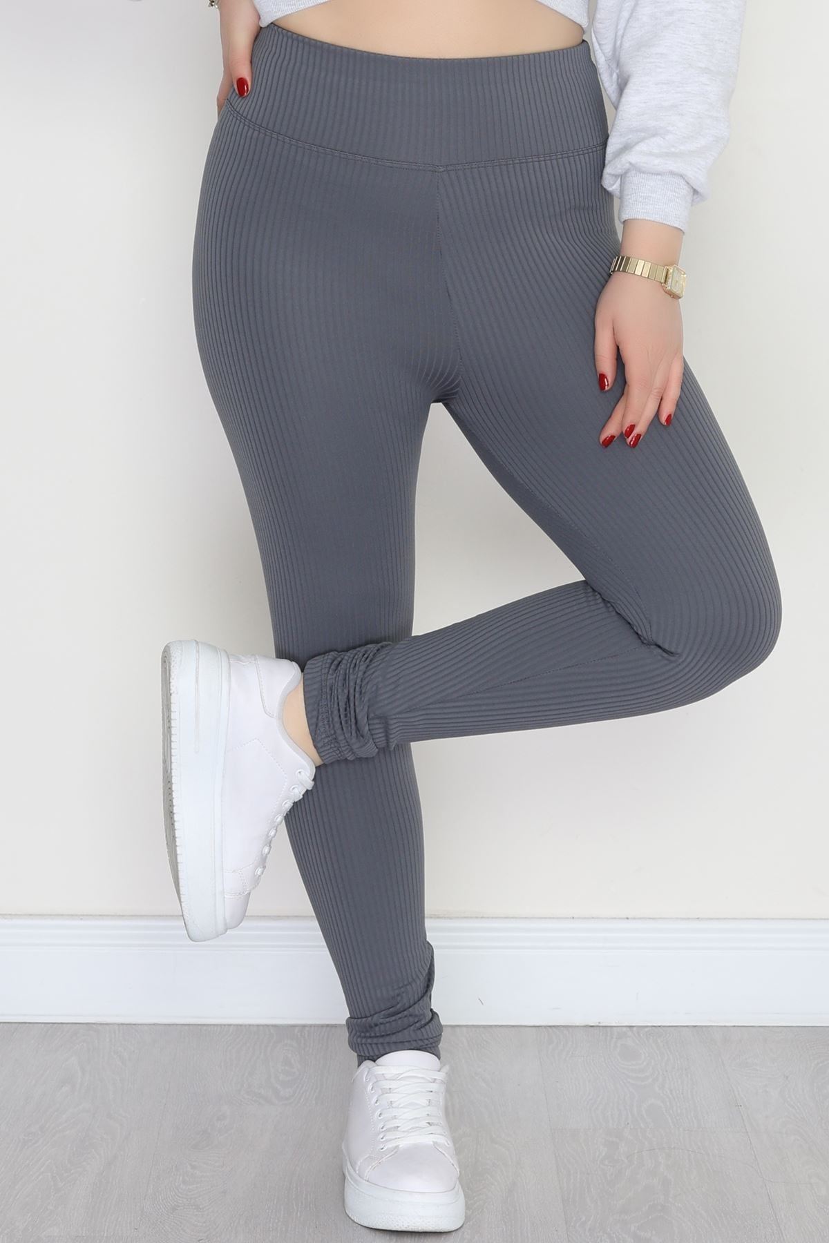 Şardonlu Yumuşak Dokulu Büyük Beden Fitilli Tayt Füme - 52086.1098.