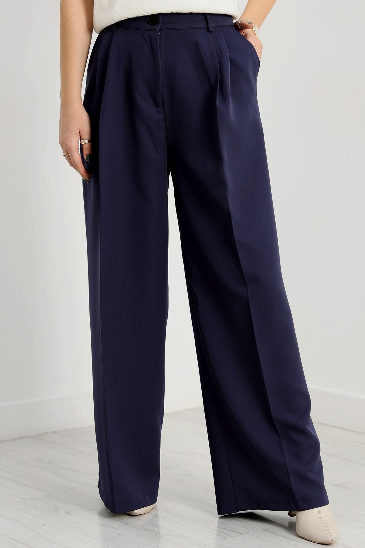 Double Kumaş Palazzo Pantolon Lacivert - 90158.1920.