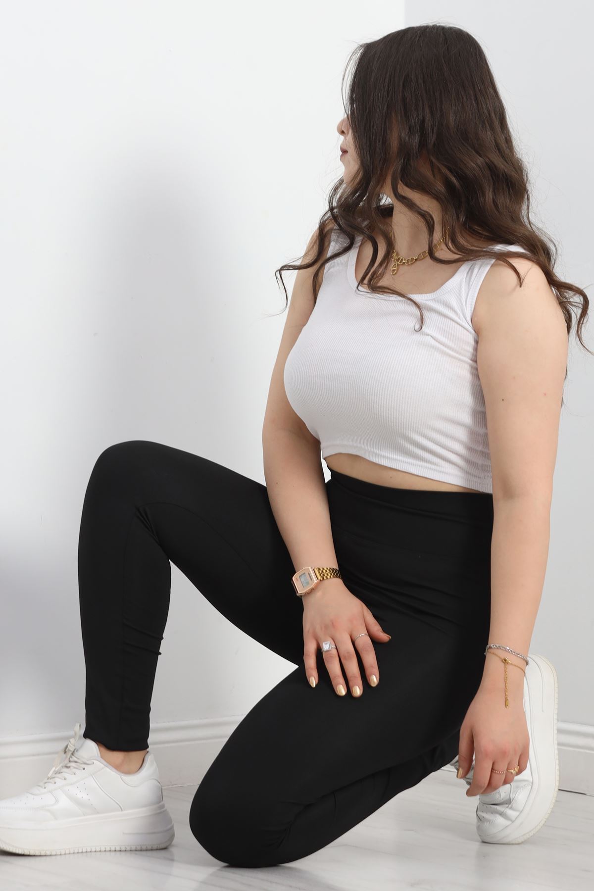 Bel Yazılı Büyük Beden Dalgıç Tayt Siyah - 40123.1098.