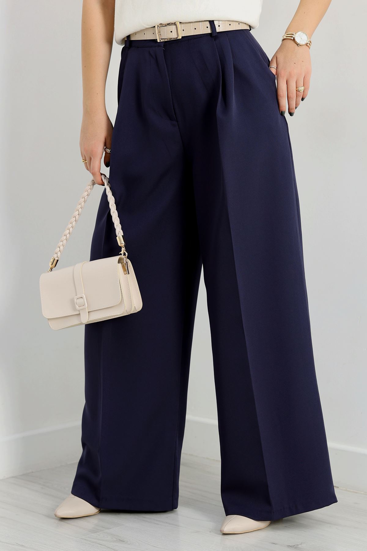 Double Kumaş Palazzo Pantolon Lacivert - 90158.1920.