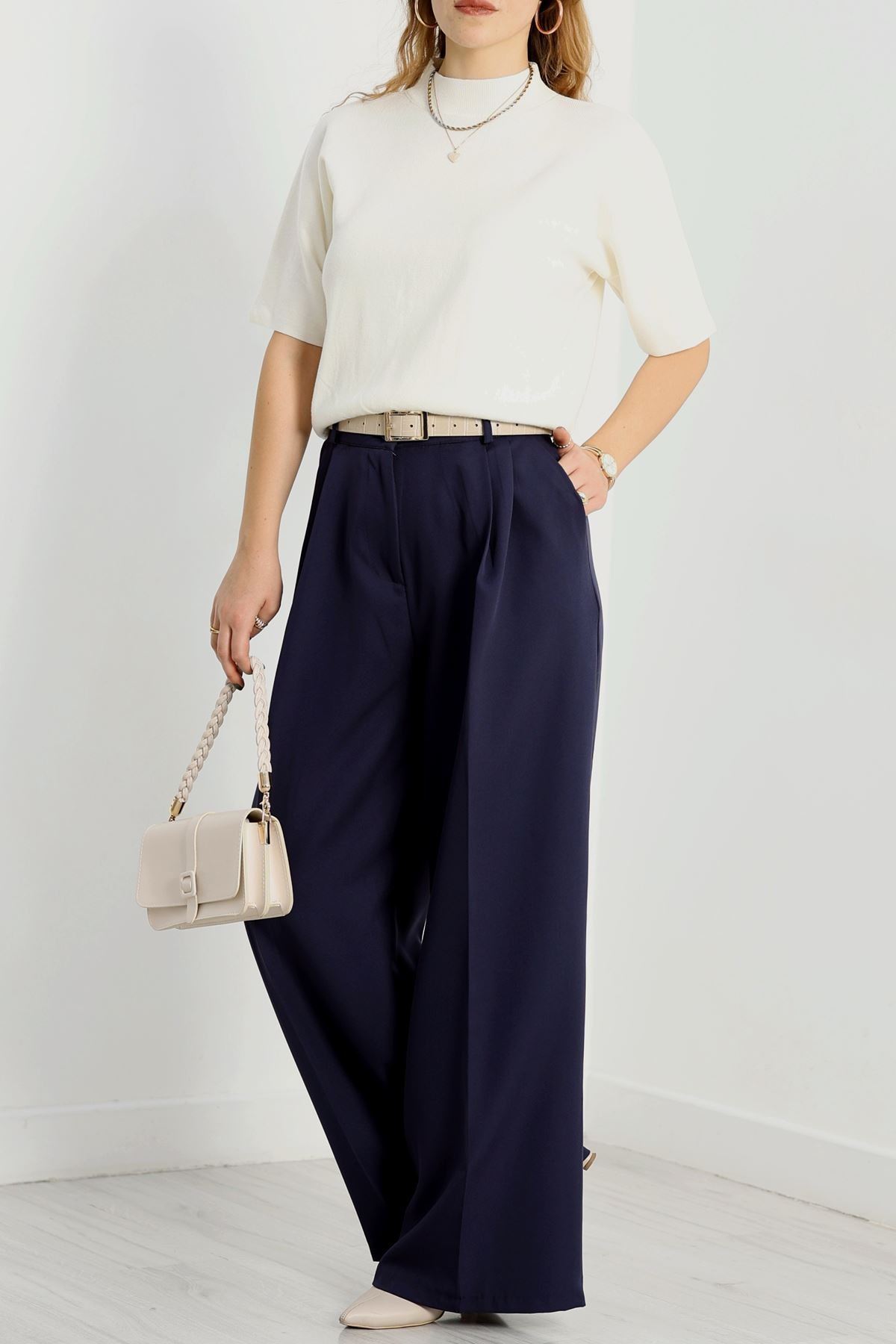 Double Kumaş Palazzo Pantolon Lacivert - 90158.1920.