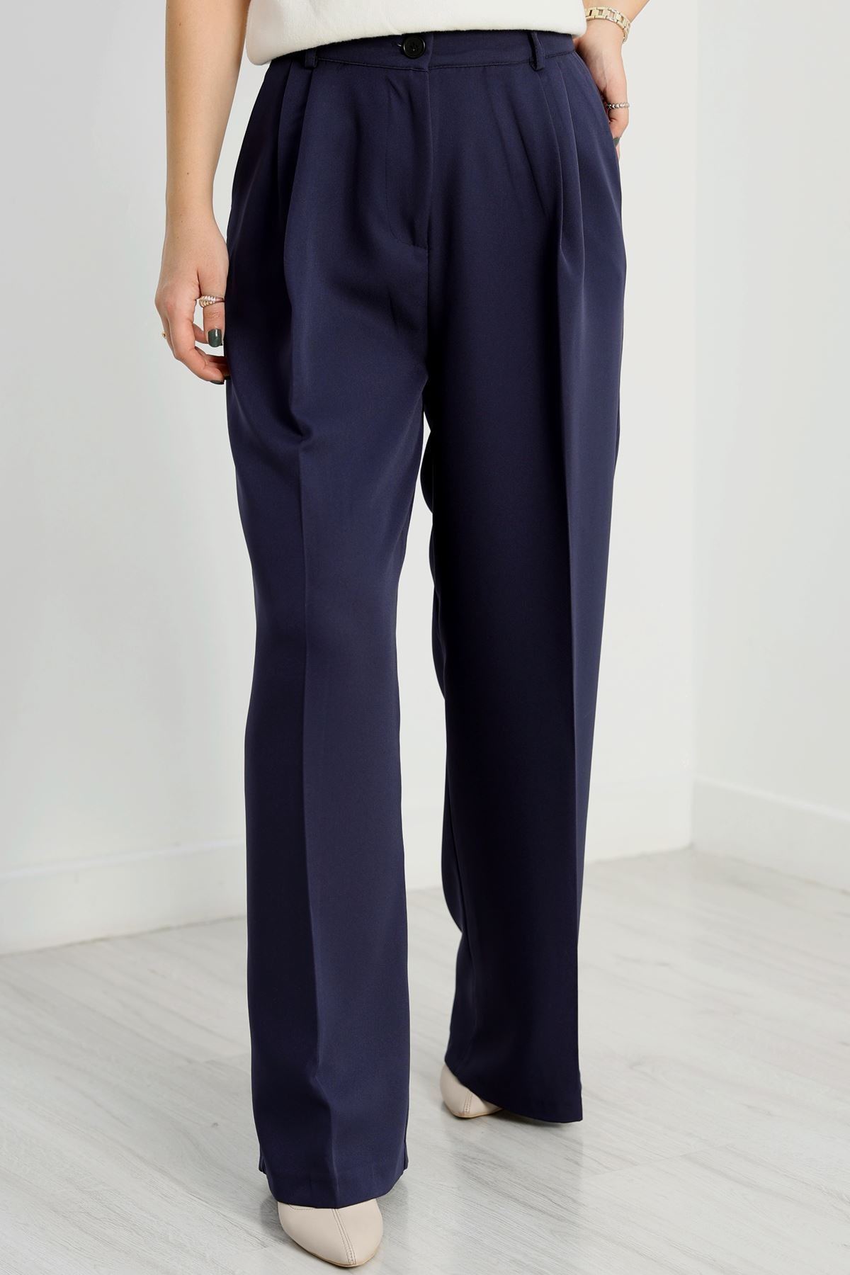 Double Kumaş Palazzo Pantolon Lacivert - 90158.1920.