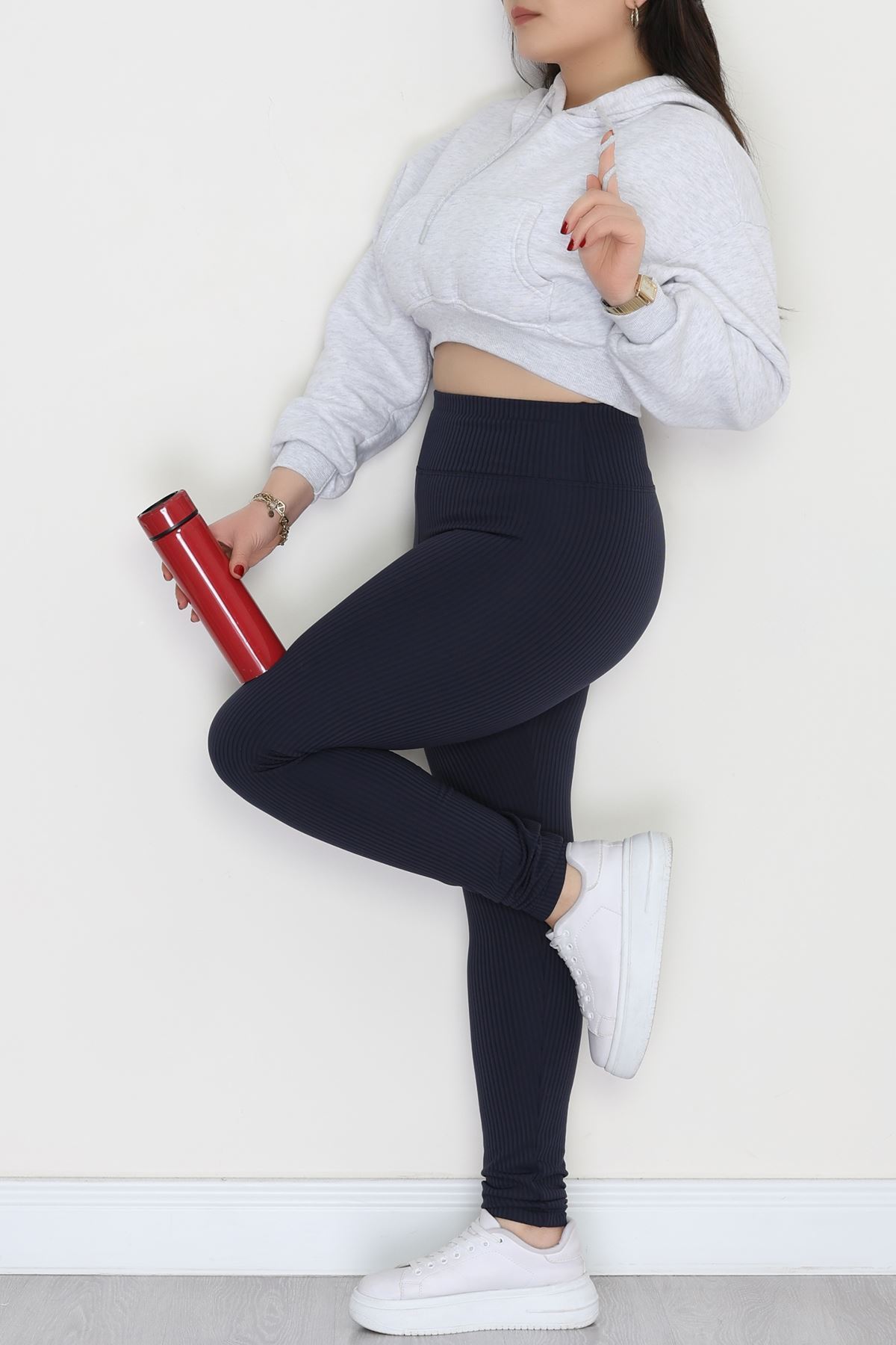 Şardonlu Yumuşak Dokulu Büyük Beden Fitilli Tayt Lacivert - 52086.1098.