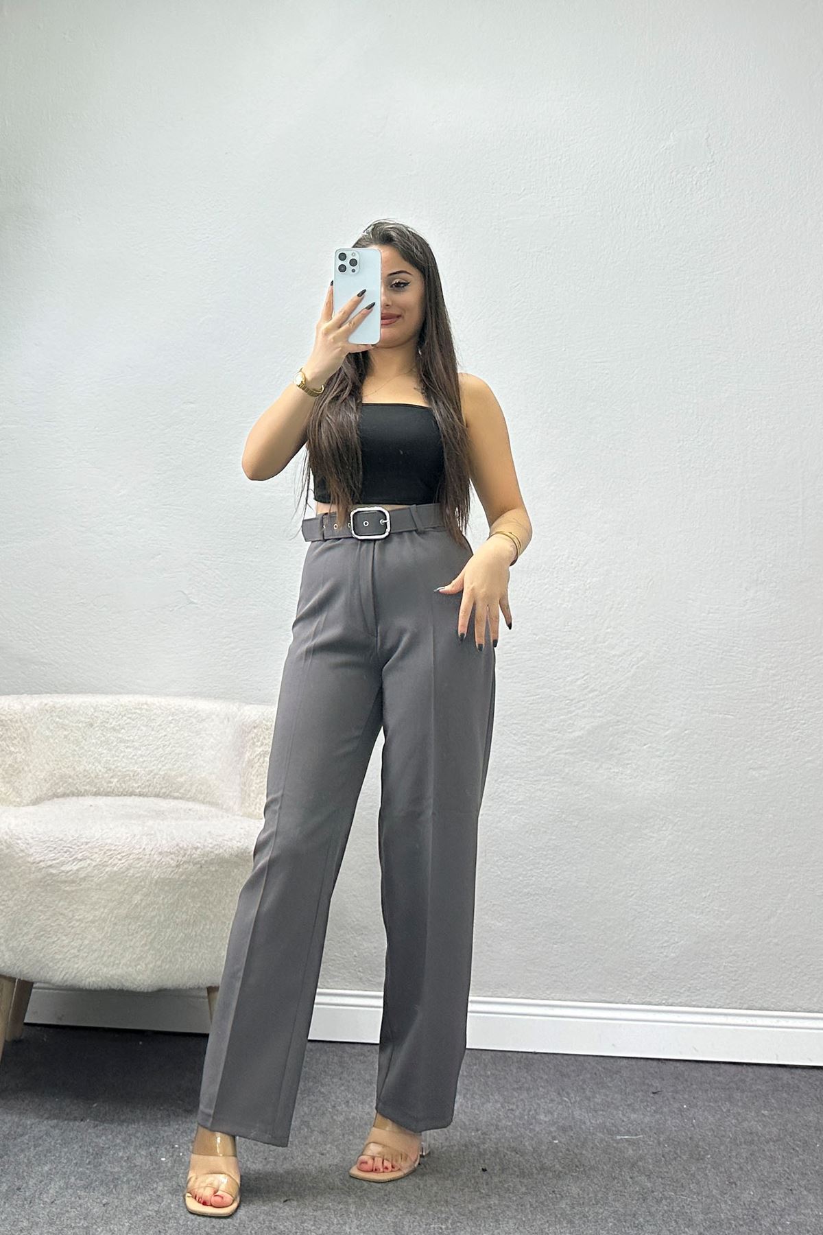 Kemerli Palazzo Pantolon Gri - 24194.1397.