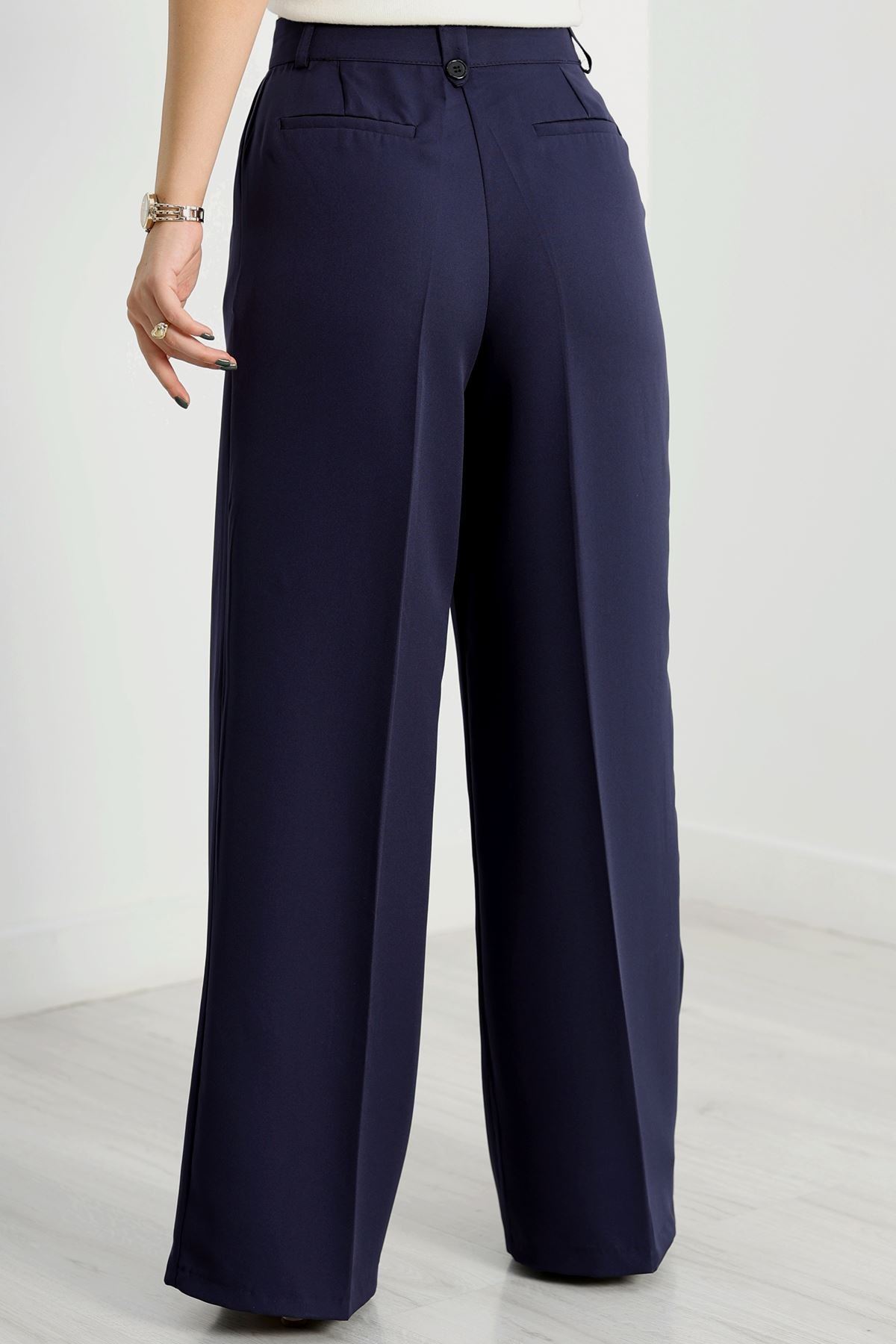 Double Kumaş Palazzo Pantolon Lacivert - 90158.1920.