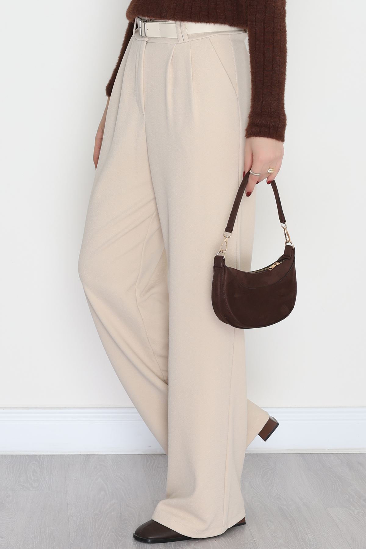 Kemerli Zra Krep Palazzo Pantolon Bej - 30777.1865.