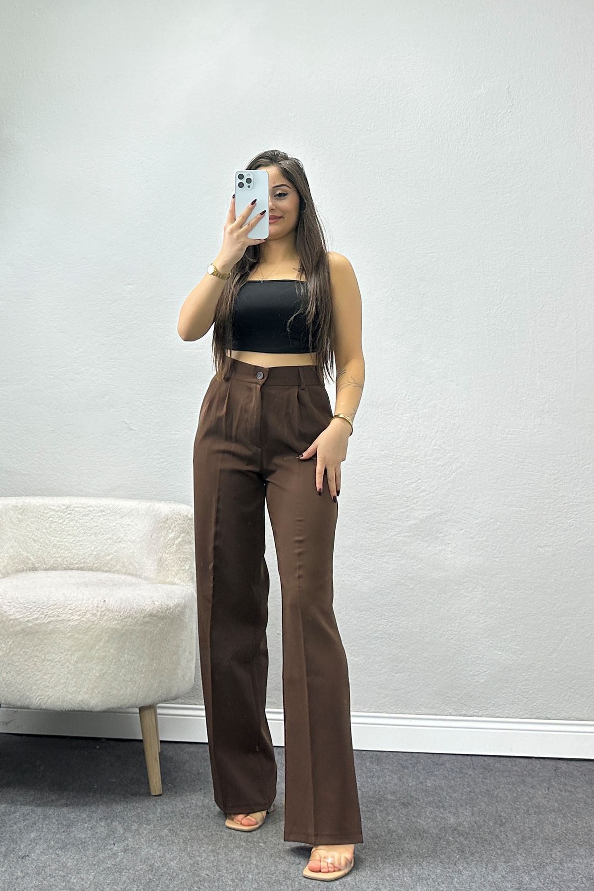 Tek Düğme Palazzo Pantolon Acıkahve - 90022.1397.