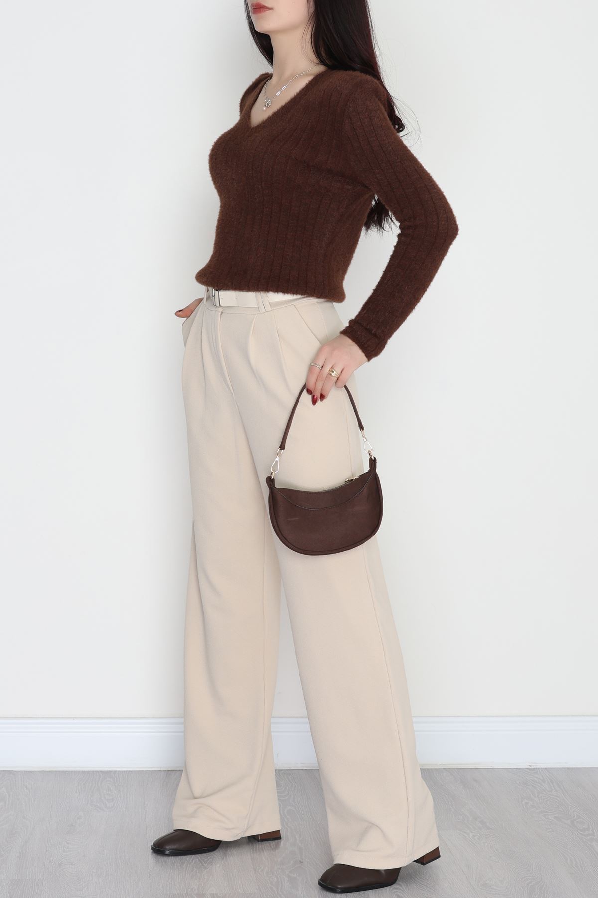 Kemerli Zra Krep Palazzo Pantolon Bej - 30777.1865.