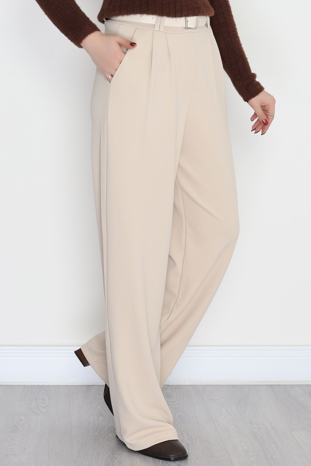 Kemerli Zra Krep Palazzo Pantolon Bej - 30777.1865.