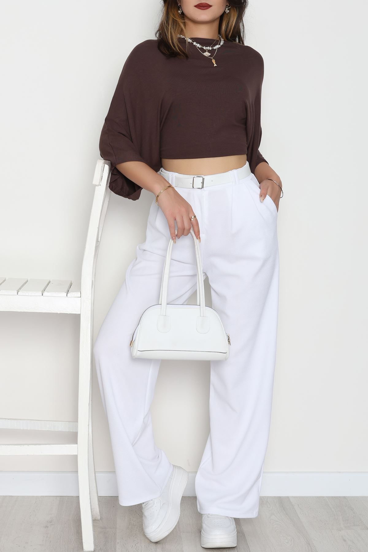 Kemerli Zra Krep Palazzo Pantolon Beyaz - 30777.1865.