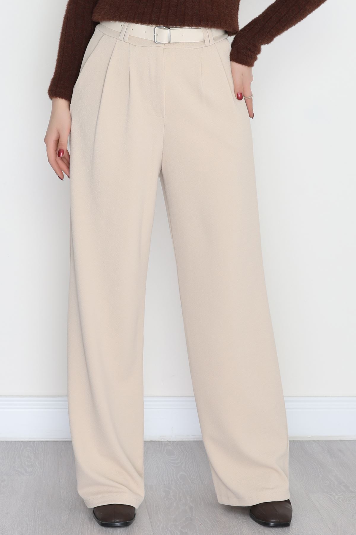 Kemerli Zra Krep Palazzo Pantolon Bej - 30777.1865.