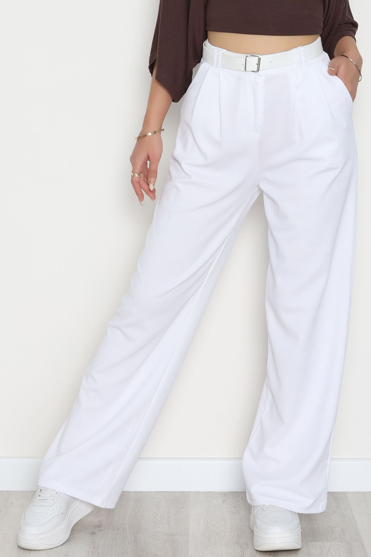 Kemerli Zra Krep Palazzo Pantolon Beyaz - 30777.1865.
