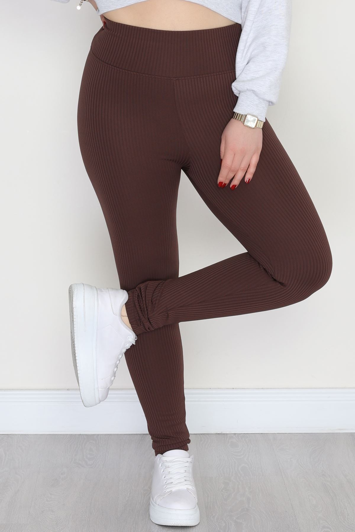 Şardonlu Yumuşak Dokulu Büyük Beden Fitilli Tayt Kahve - 52086.1098.