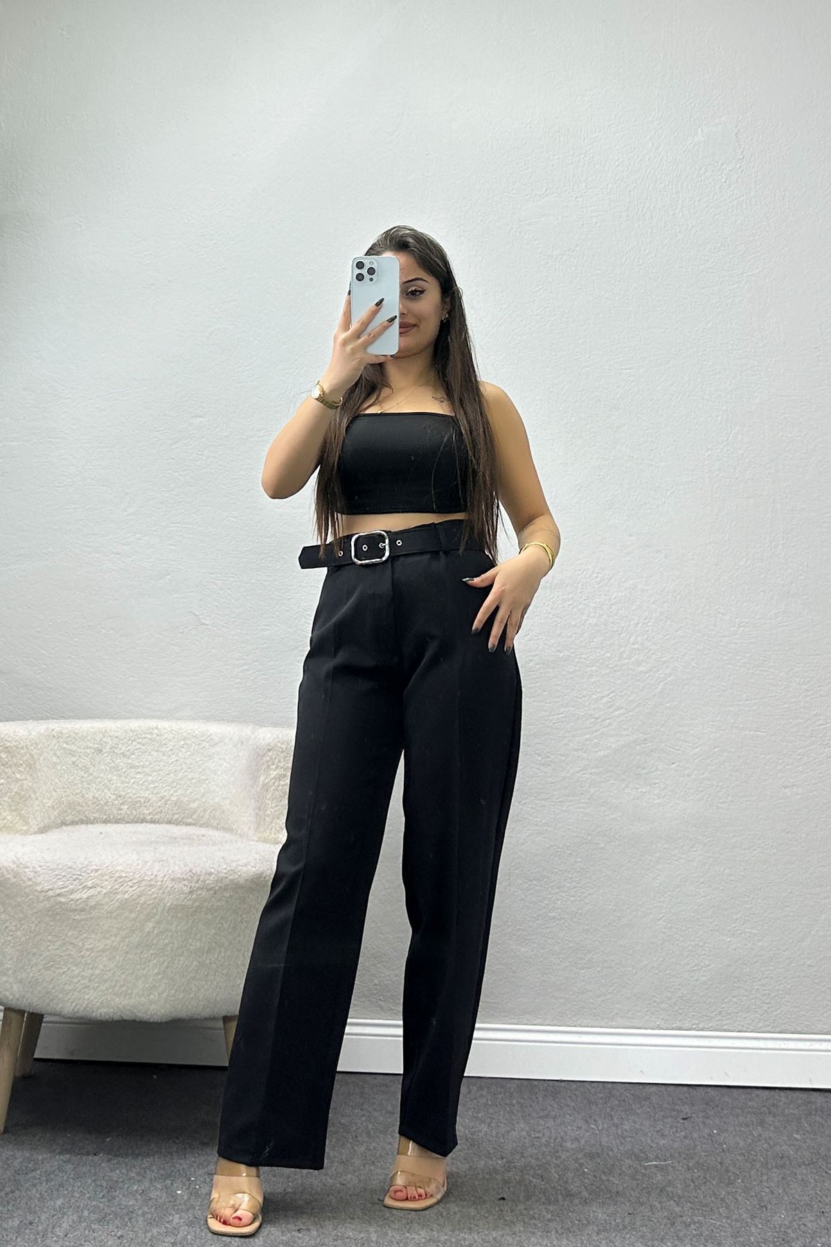 Kemerli Palazzo Pantolon Siyah - 24194.1397.