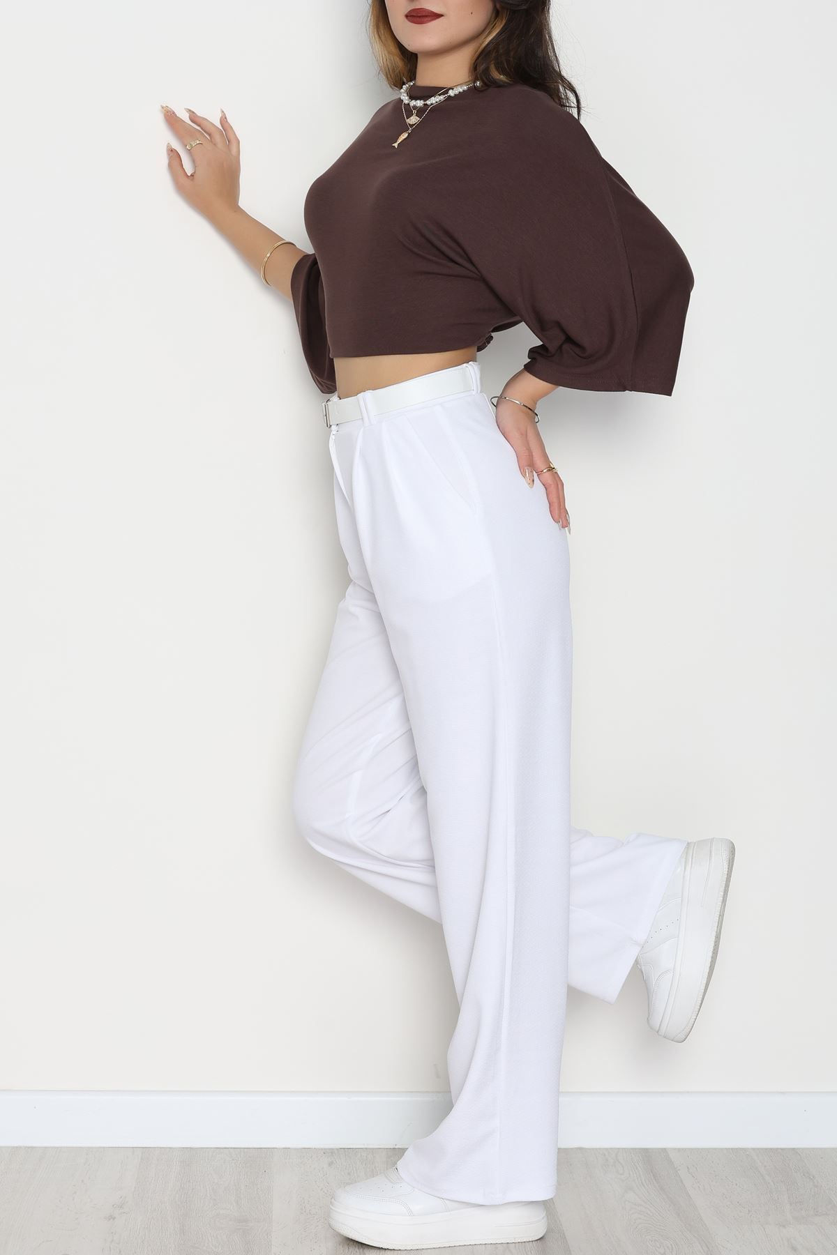 Kemerli Zra Krep Palazzo Pantolon Beyaz - 30777.1865.