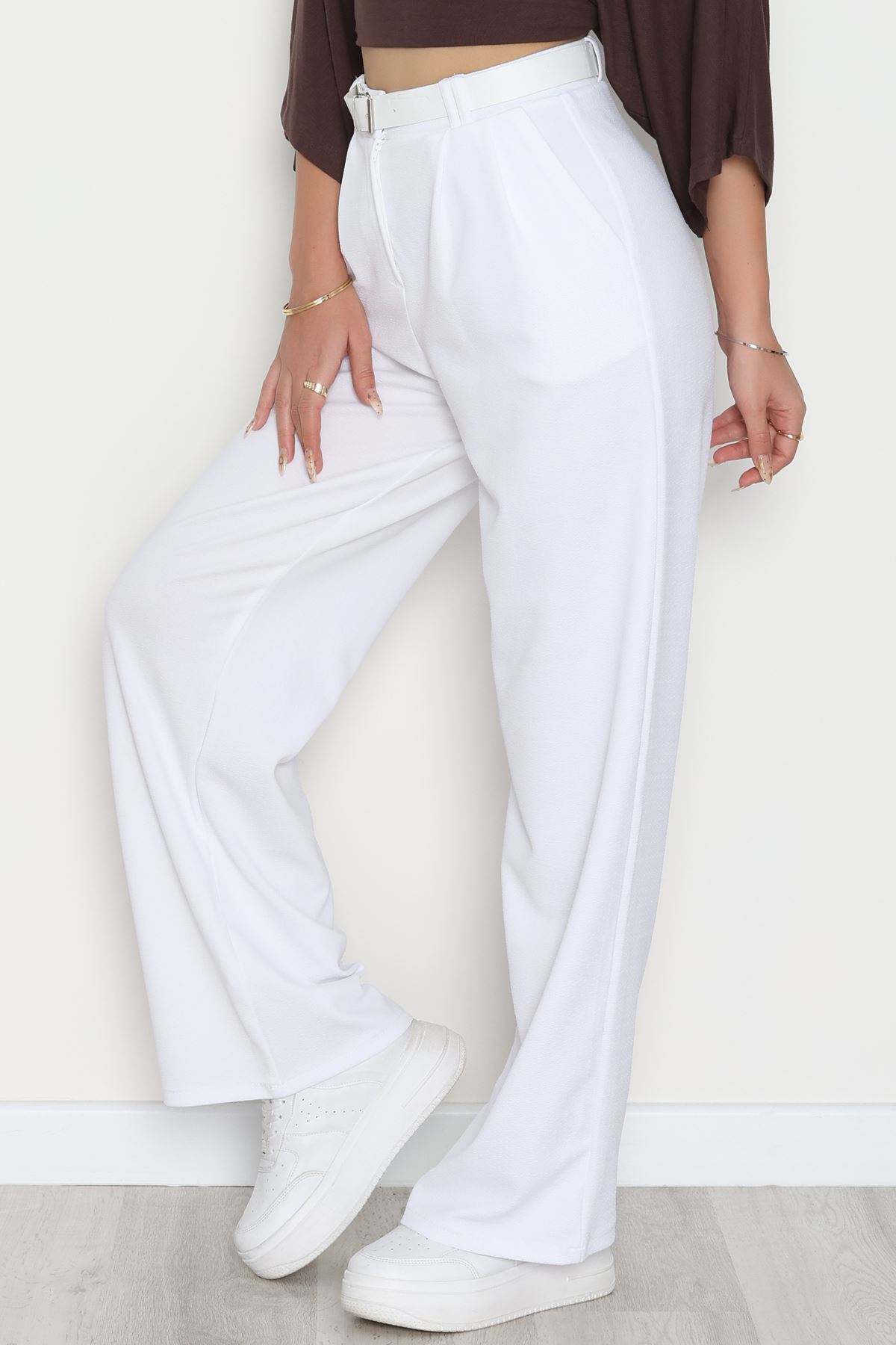 Kemerli Zra Krep Palazzo Pantolon Beyaz - 30777.1865.