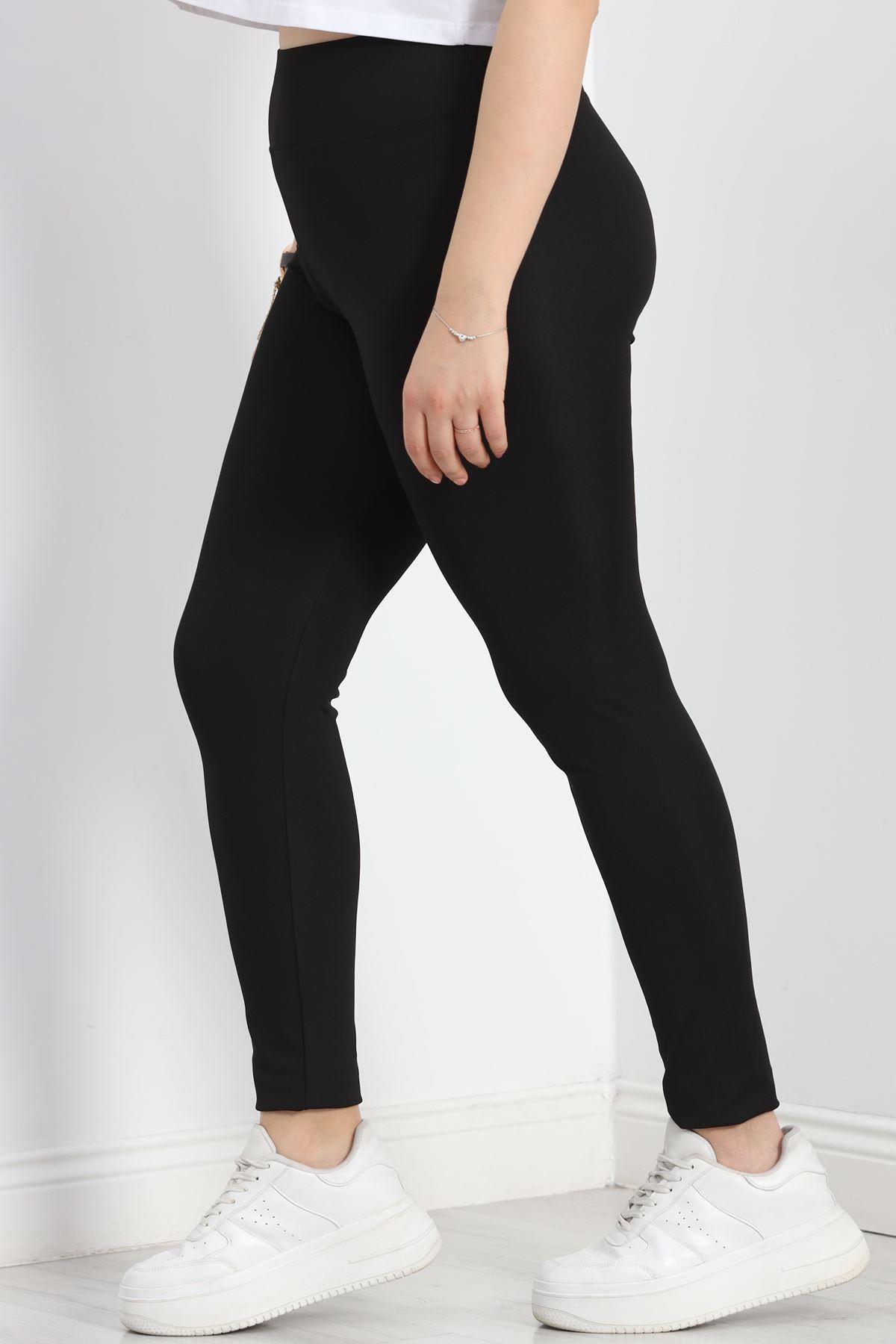 Geniş Kemer Büyük Beden Dalgıç Tayt Siyah - 50102.1098.