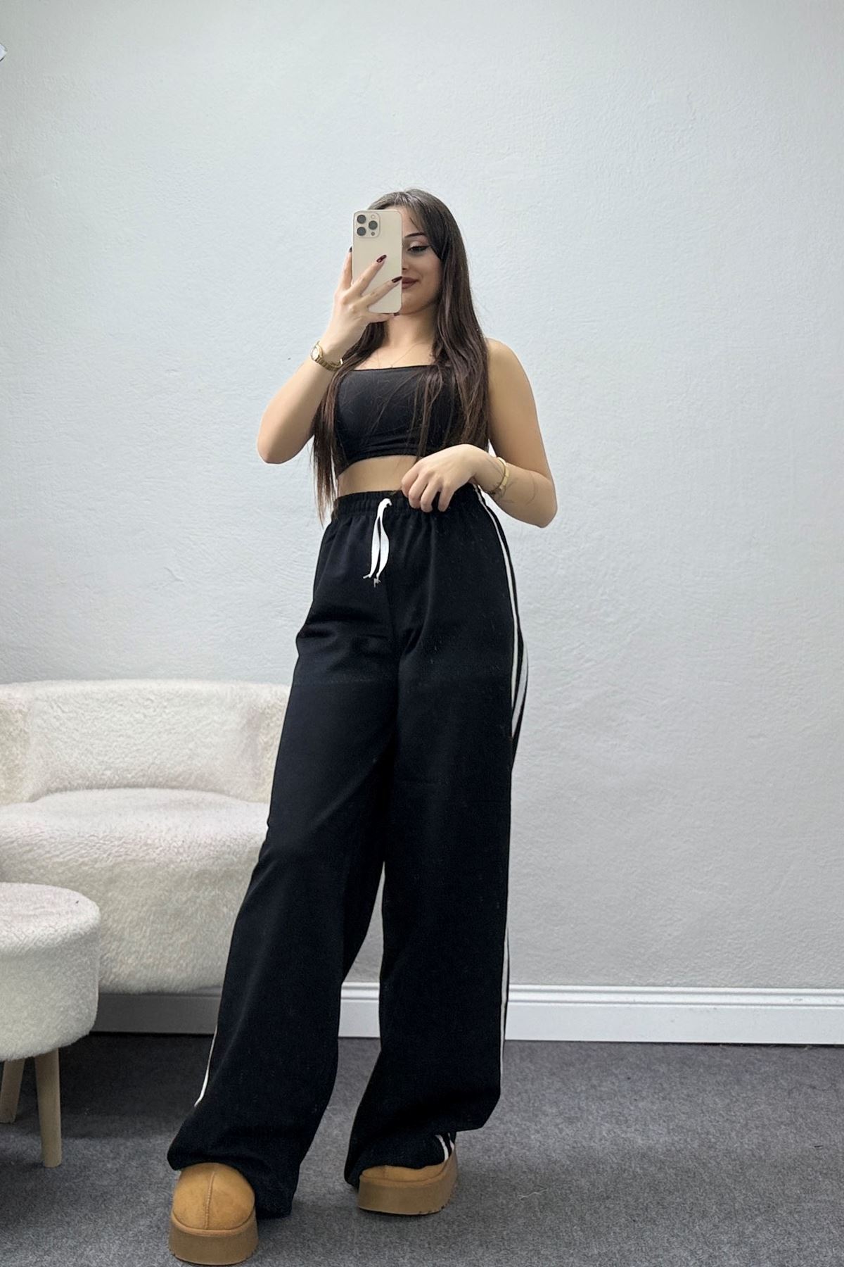 Keten Biyeli 2 İplik Eşofman Altı Siyah - 40023.1857.