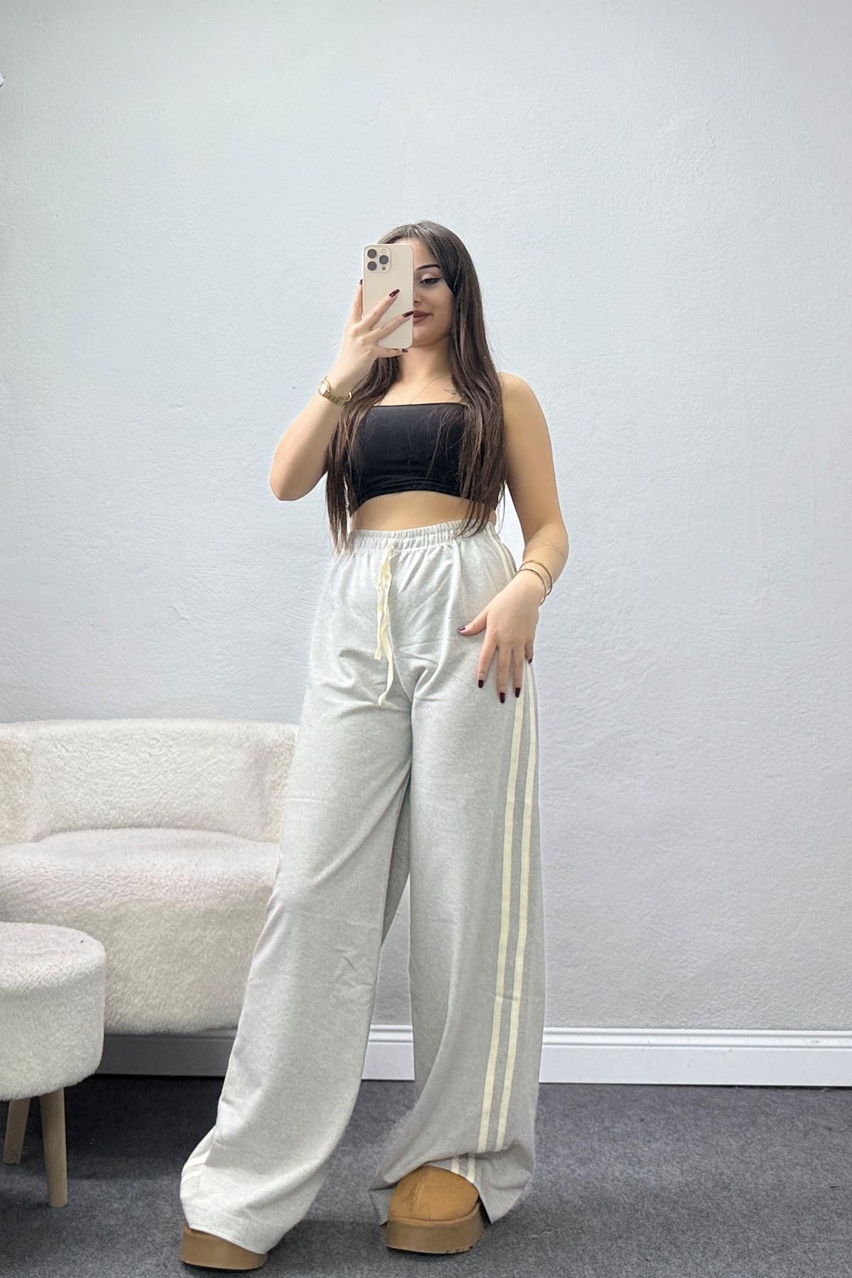 Keten Biyeli 2 İplik Eşofman Altı Gribej - 40023.1857.