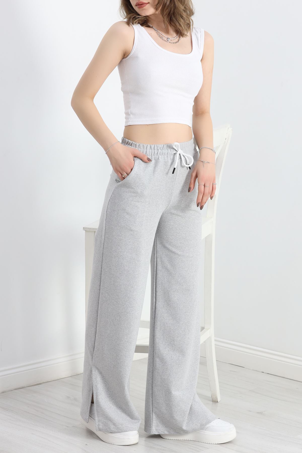 Yırtmaçlı 2 İplik Eşofman Altı Gri - 40025.1857.