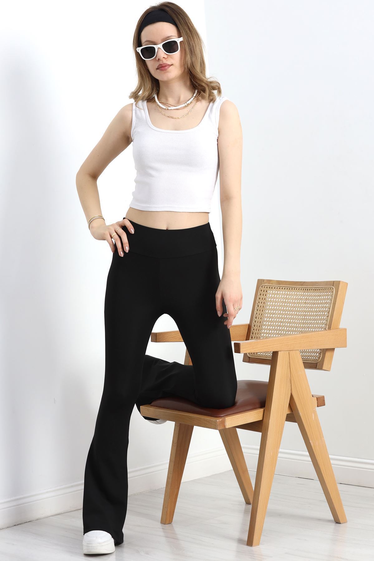 Geniş Kemer İspanyol Paça Dalgıç Tayt Siyah - 40125.1098.