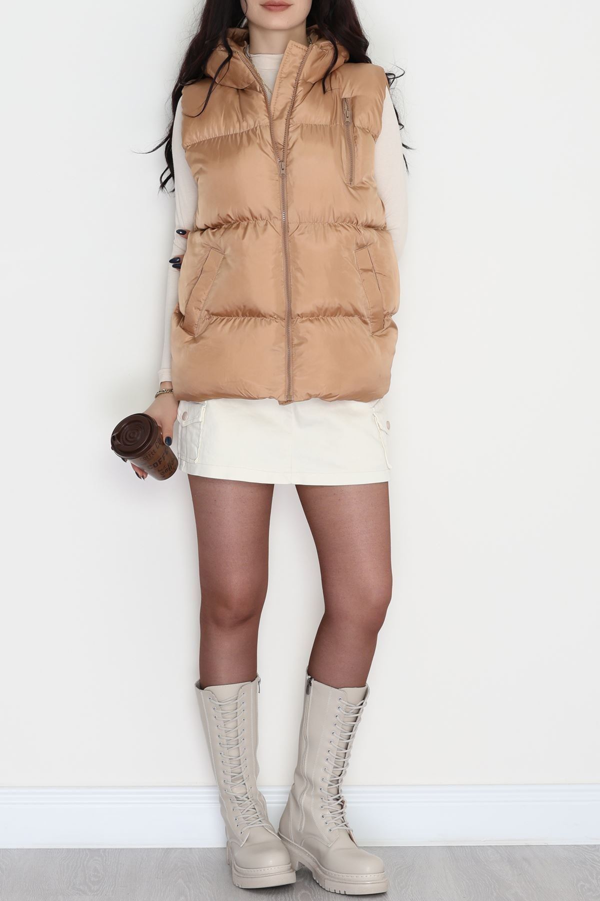 Kapşonlu Şişme Yelek Camel - 19190.1839.