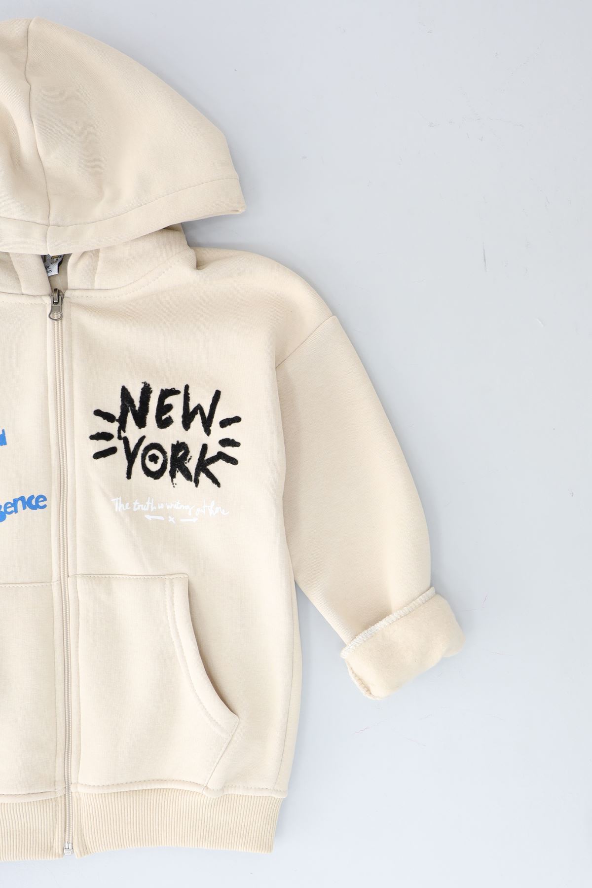 8-12 Yaş 3 İplik Şardonlu Fermuarlı Sweat Bej - 3264309.1576.