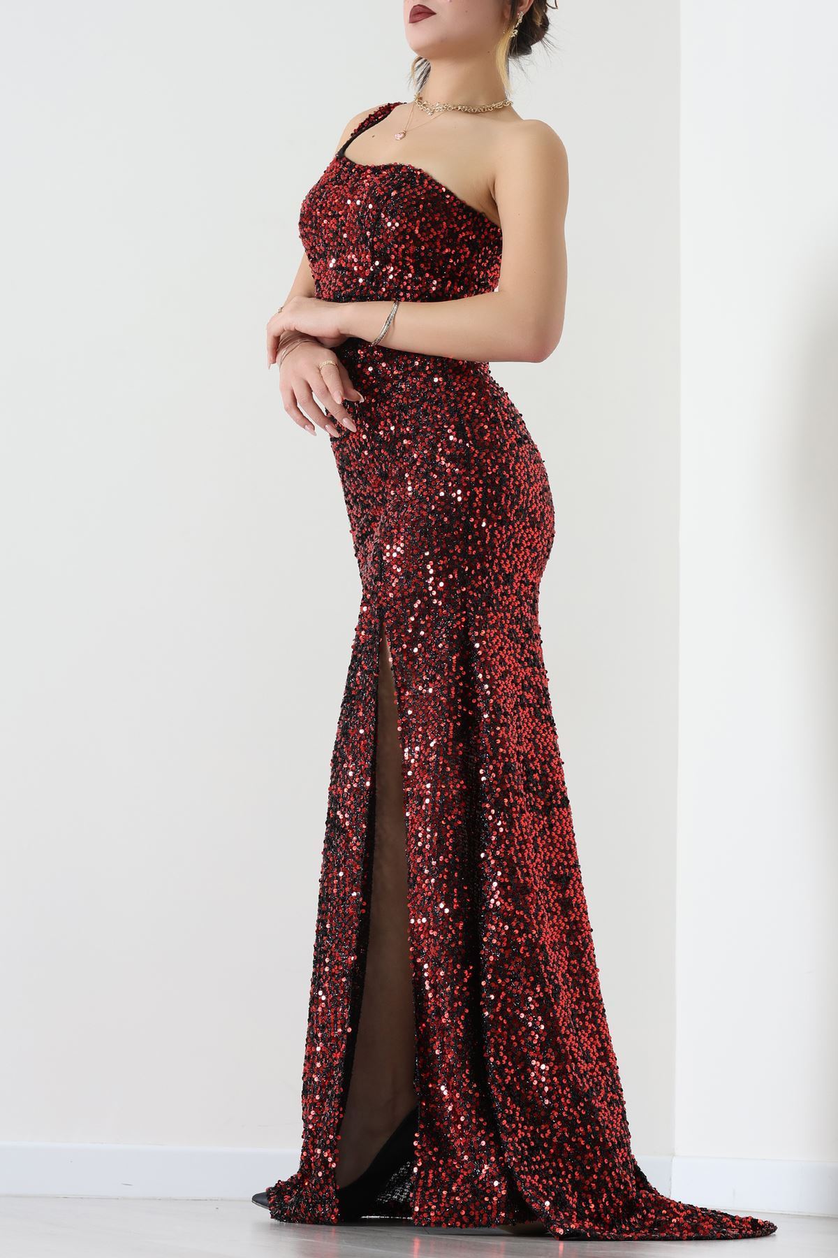 Tek Omuz Pul Payetli Elbise Bordo - 583150.1592.