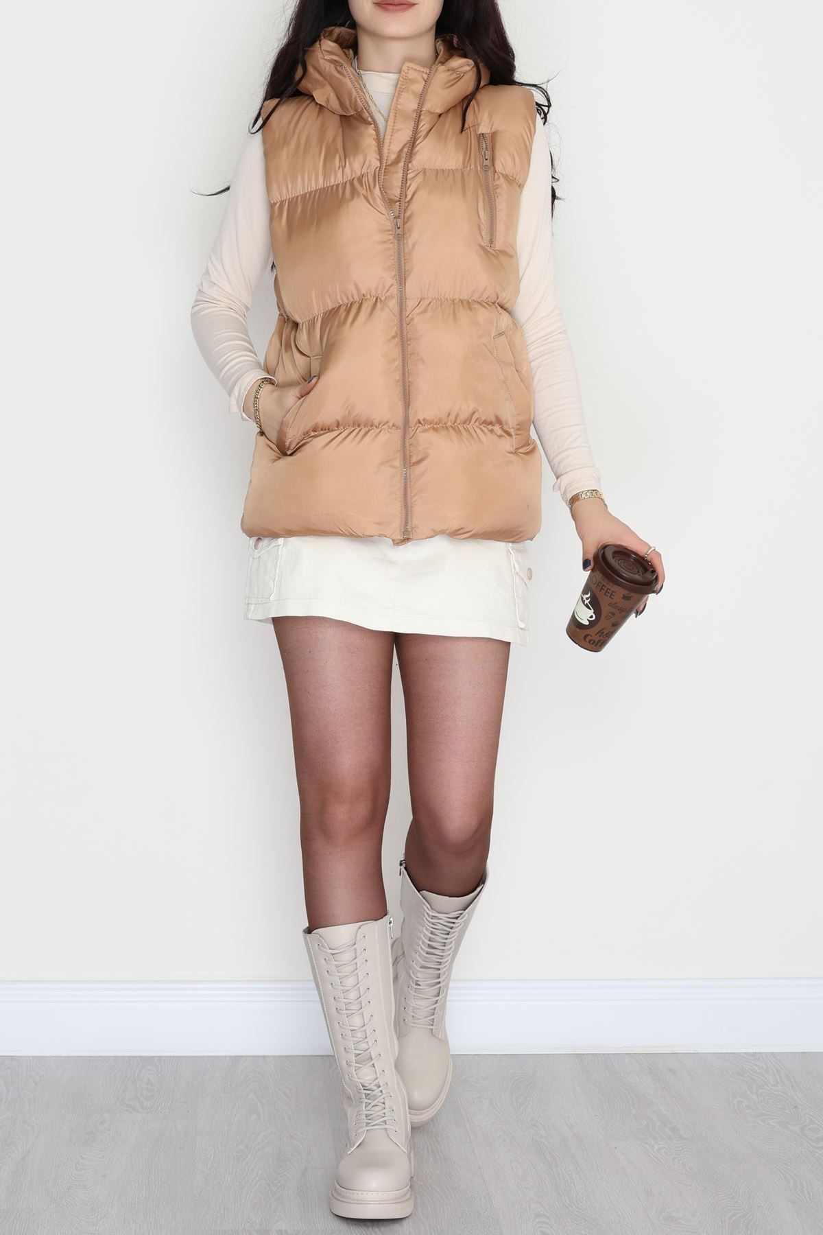 Kapşonlu Şişme Yelek Camel - 19190.1839.