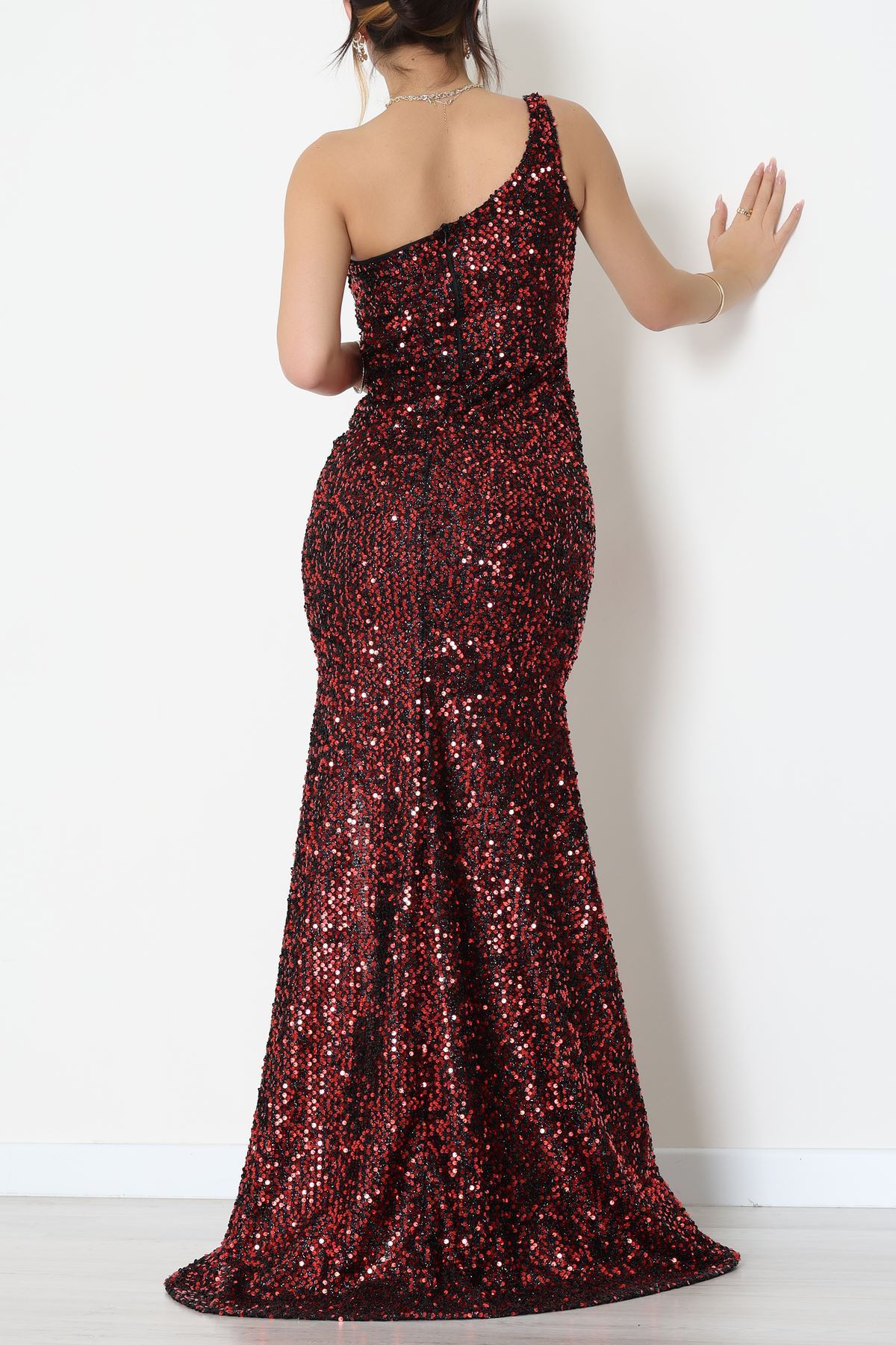 Tek Omuz Pul Payetli Elbise Bordo - 583150.1592.