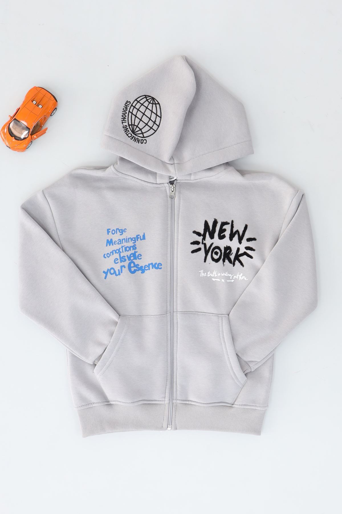 8-12 Yaş 3 İplik Şardonlu Fermuarlı Sweat Gri - 3264309.1576.